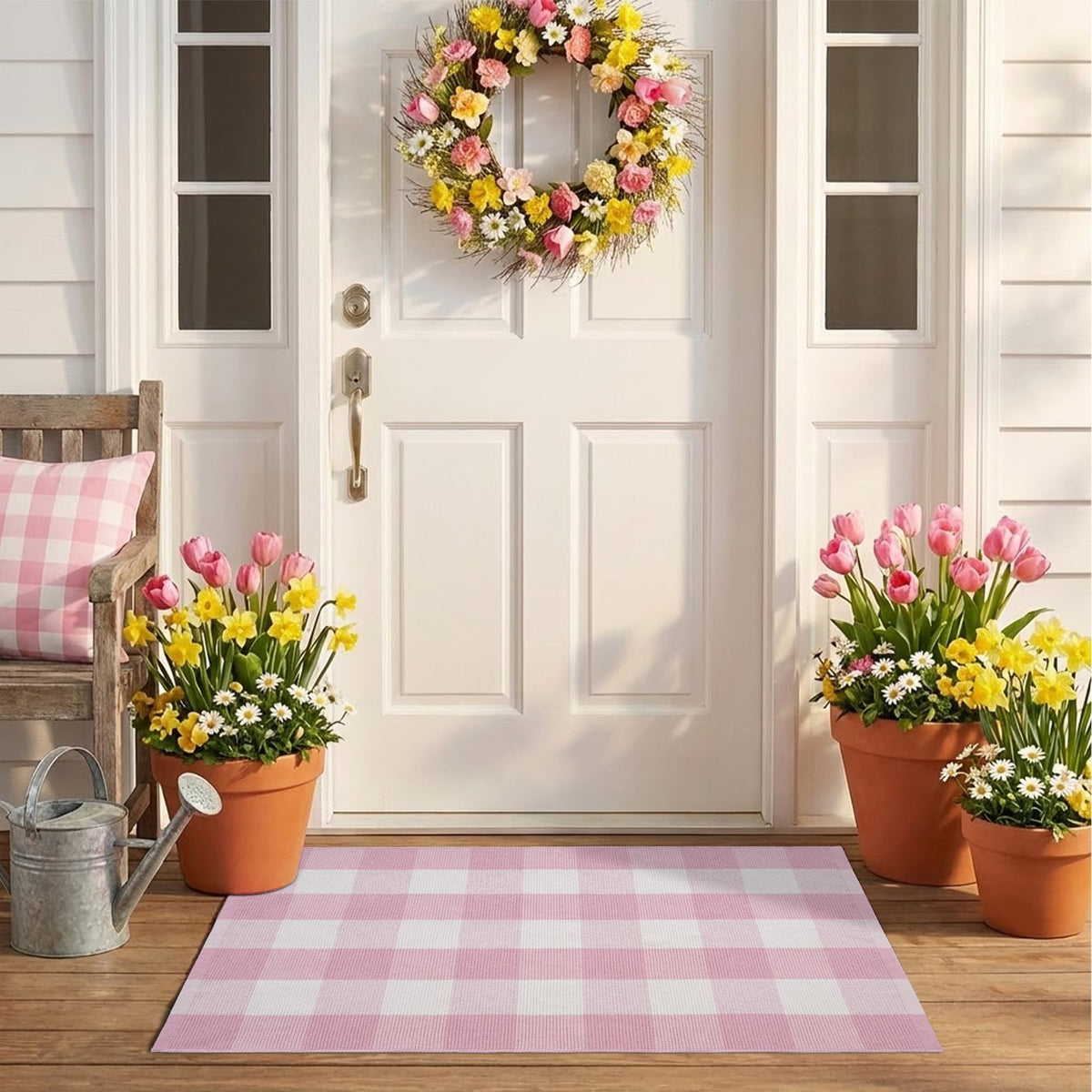 NIIKOOS front view of pink and white plaid rug showing welcoming color and pattern