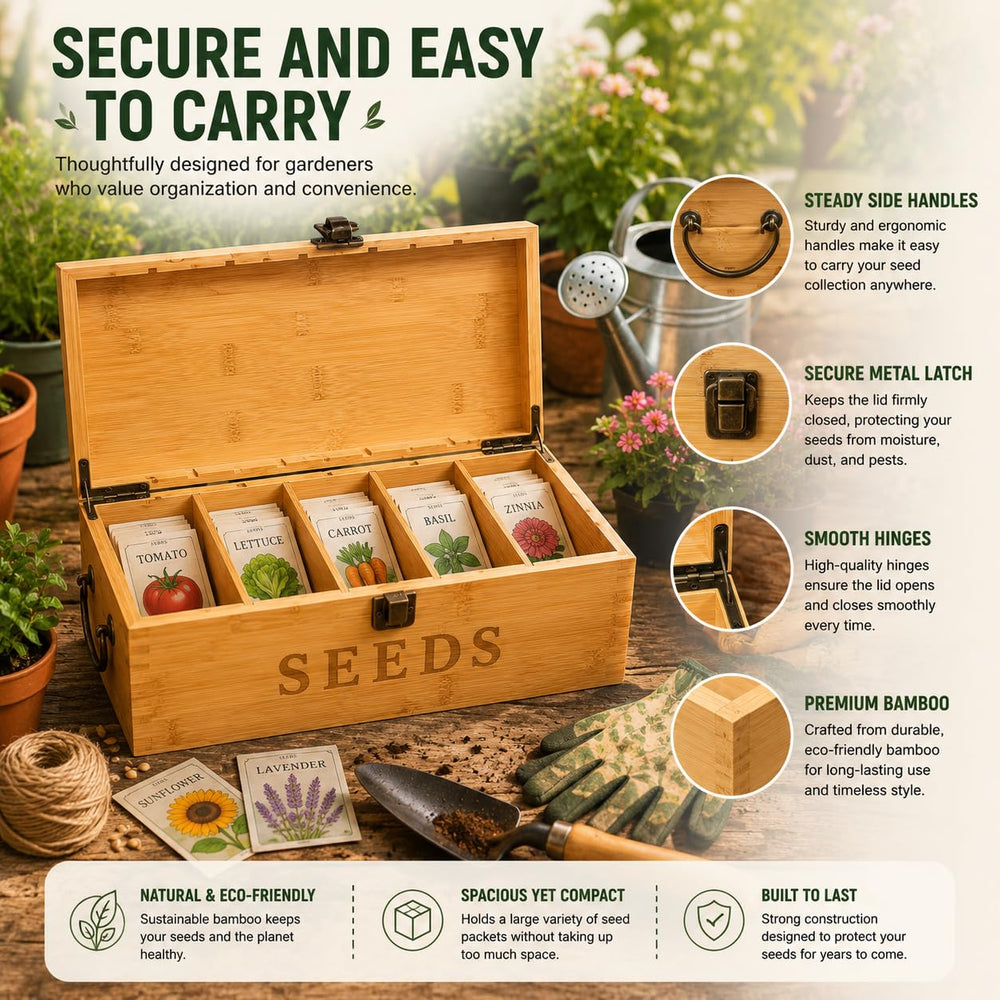 Nimpro box on a garden shed shelf demonstrating portable organized seed storage