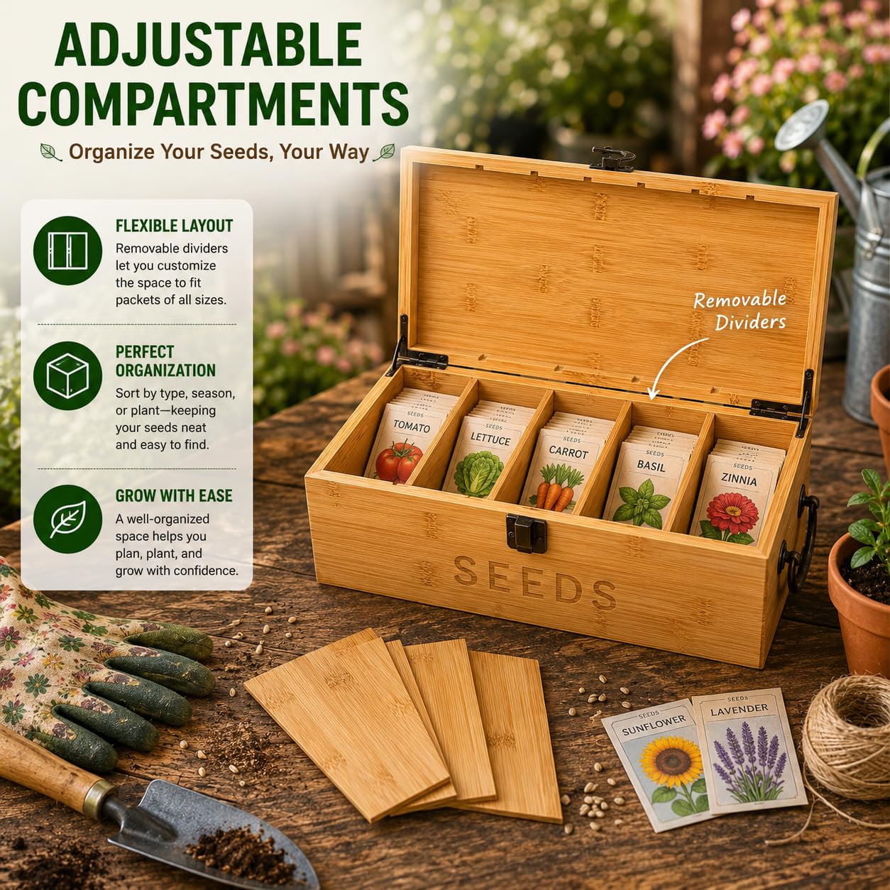 Nimpro box next to hand and garden tools showing compact size and usability