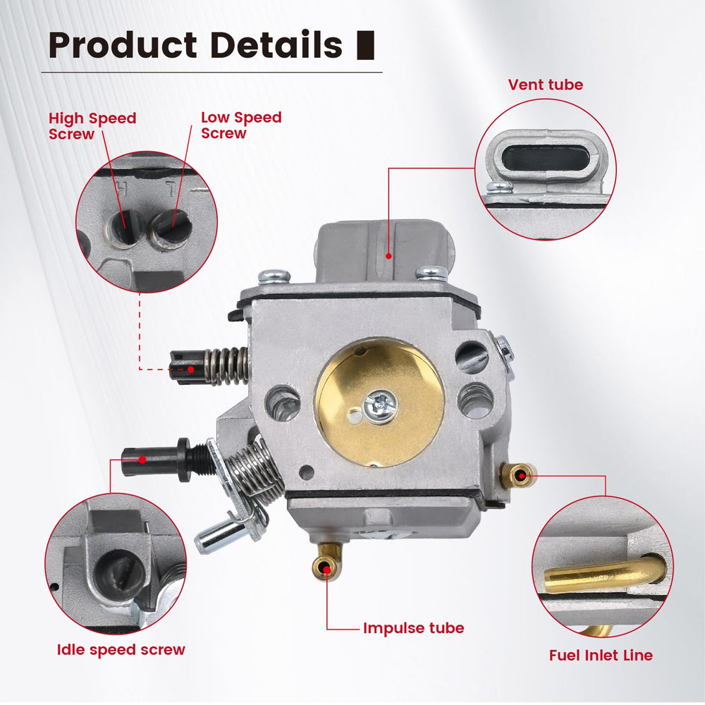 NIMTEK carburetor mounted on STIHL chainsaw demonstrating direct-fit installation