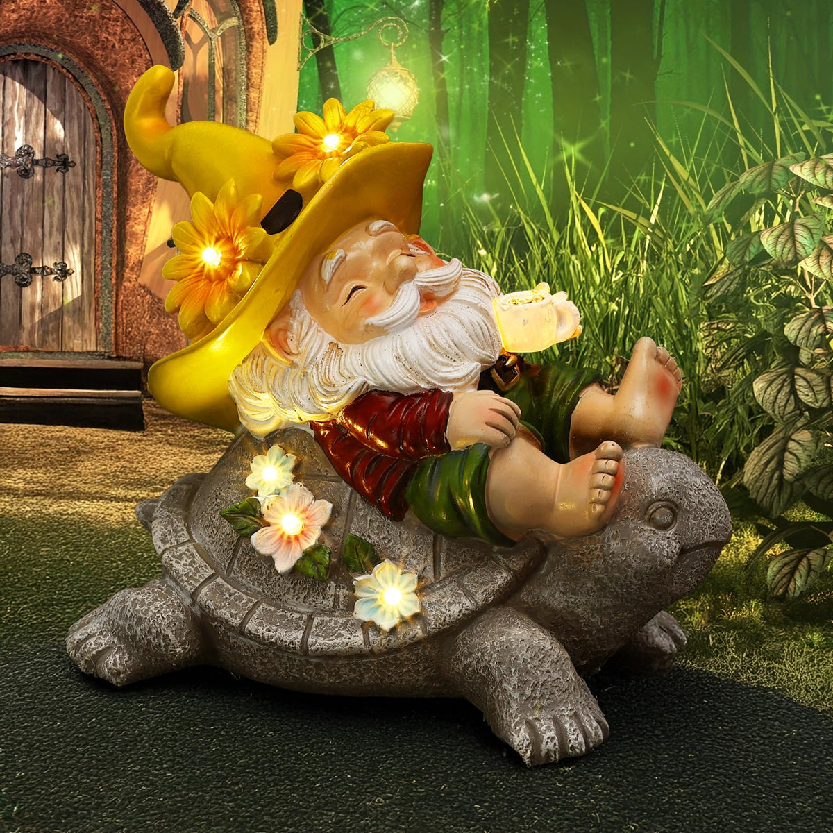 Ninad front view of turtle statue showing cheerful design and outdoor lighting benefit