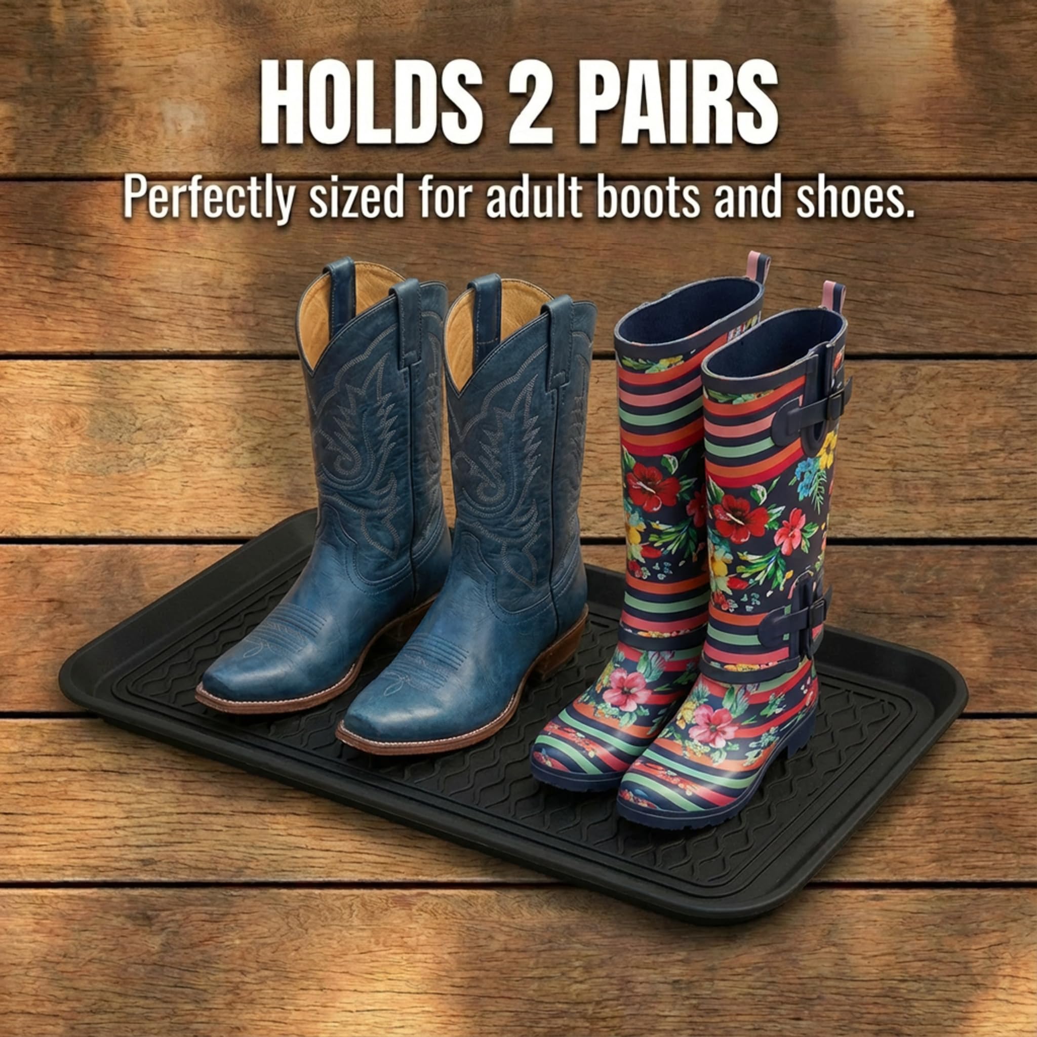 NINAMAR boot tray in entryway holding wet boots to protect flooring
