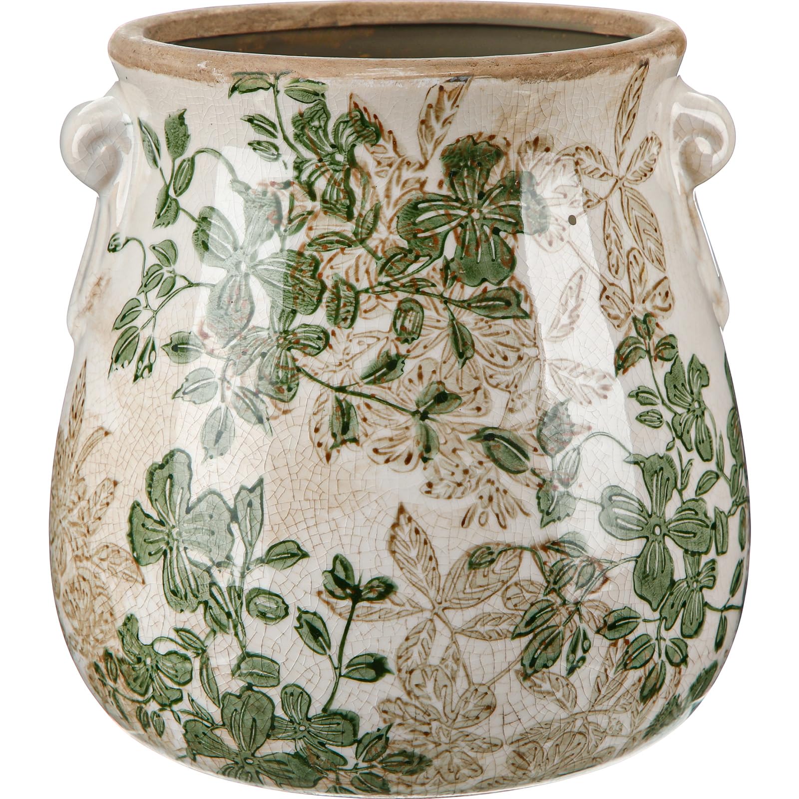 Ninehaoou front view of planter showing double green scroll and vintage charm