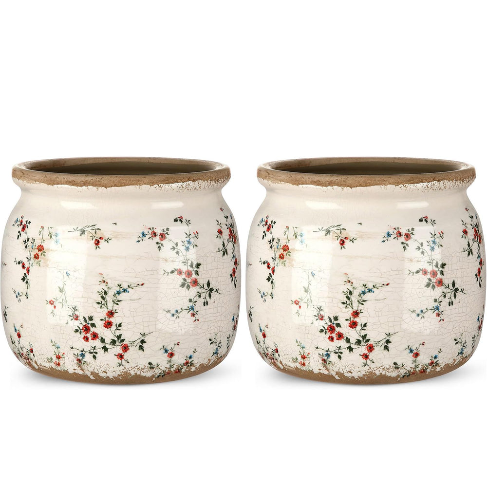 Ninehaoou front view of two vintage planters showing decorative scroll pattern and color benefits