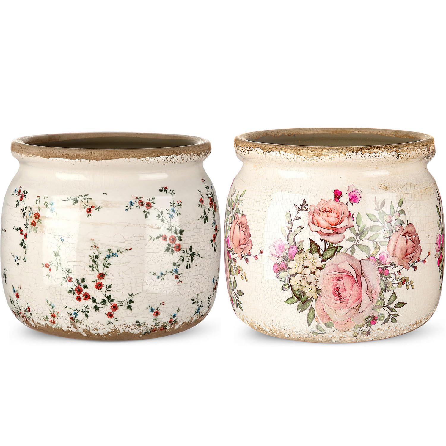 Ninehaoou front view of two vintage ceramic planters showing farmhouse charm