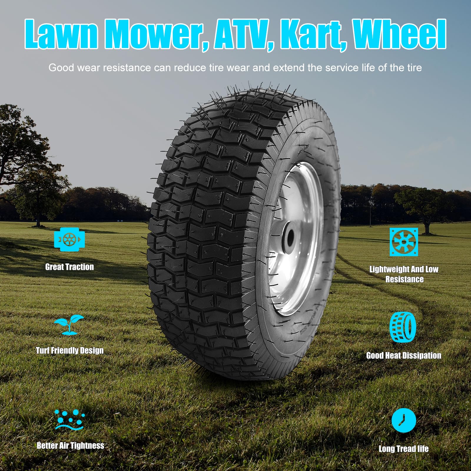 NING SHUO wheel mounted on mower showing quick bolt-on installation benefit