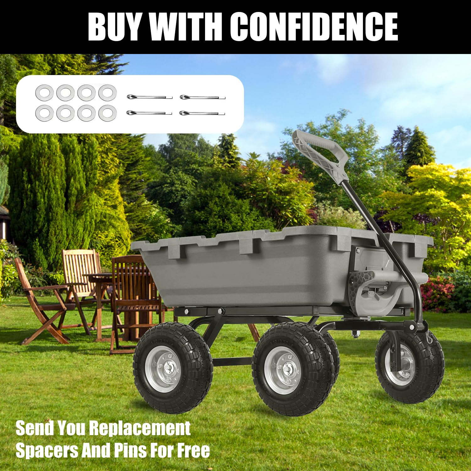 NING SHUO wheel installed on a wheelbarrow demonstrating improved durability and garden use