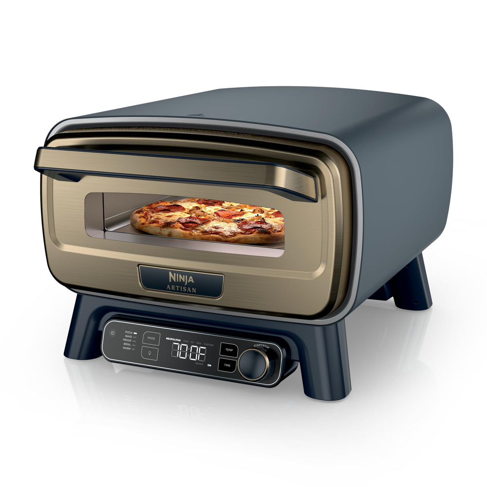 Ninja Artisan front view in blue and gold showing compact outdoor oven design and fast cooking