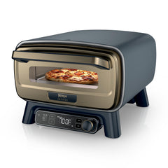 Ninja Artisan front view in blue and gold showing compact outdoor oven design and fast cooking