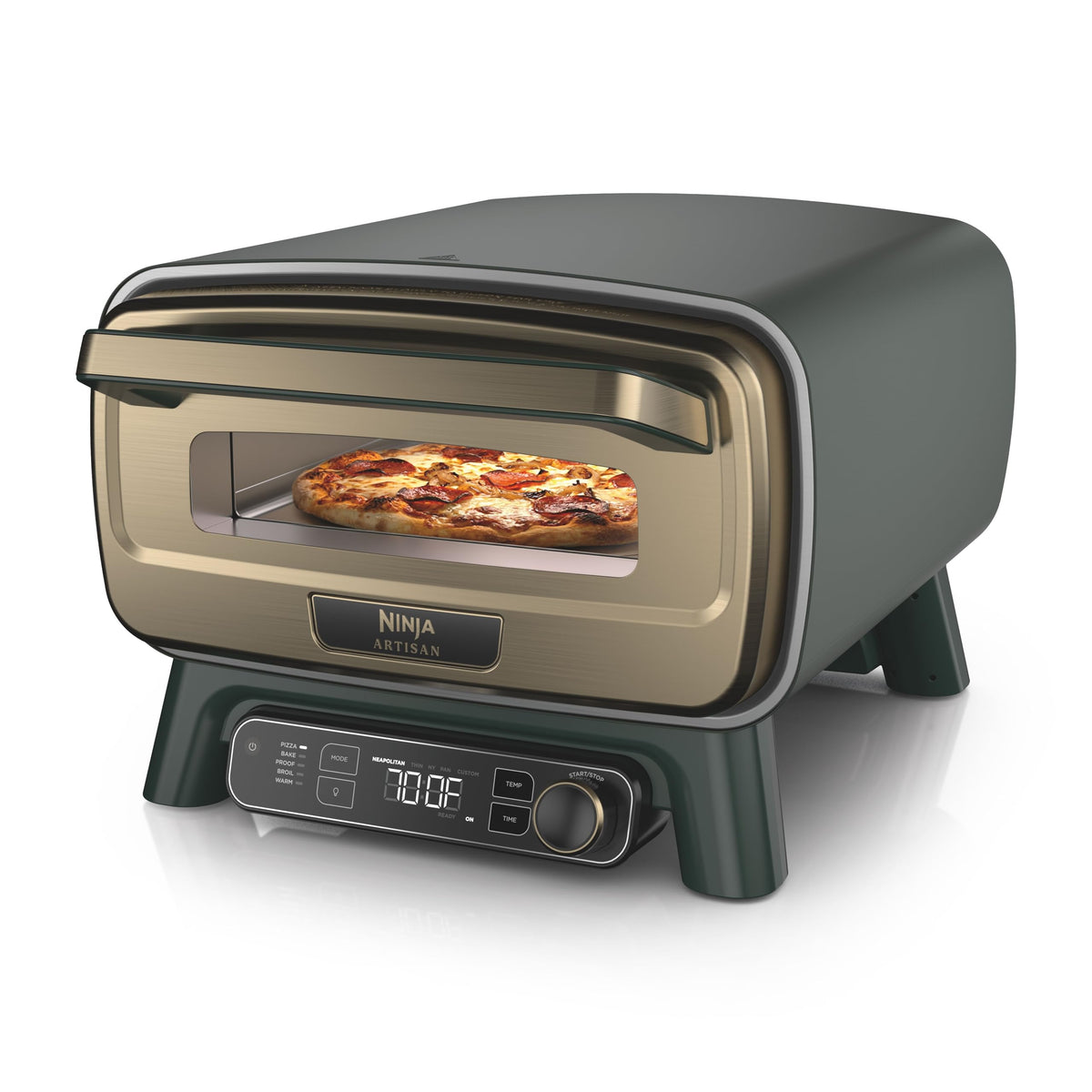 Ninja Artisan front view showing compact oven and green gold finish, perfect for patios