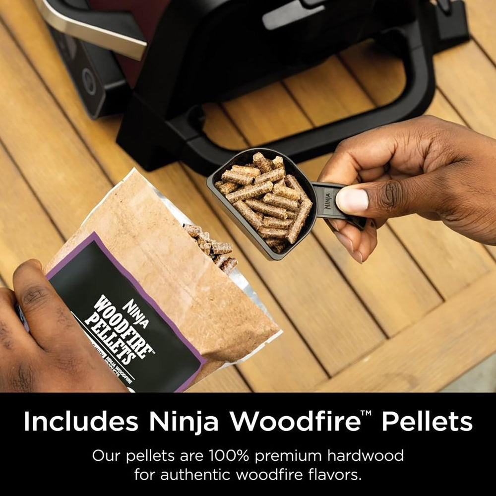 Ninja OG701 pellet scoop with starter pellet packs illustrating quick setup
