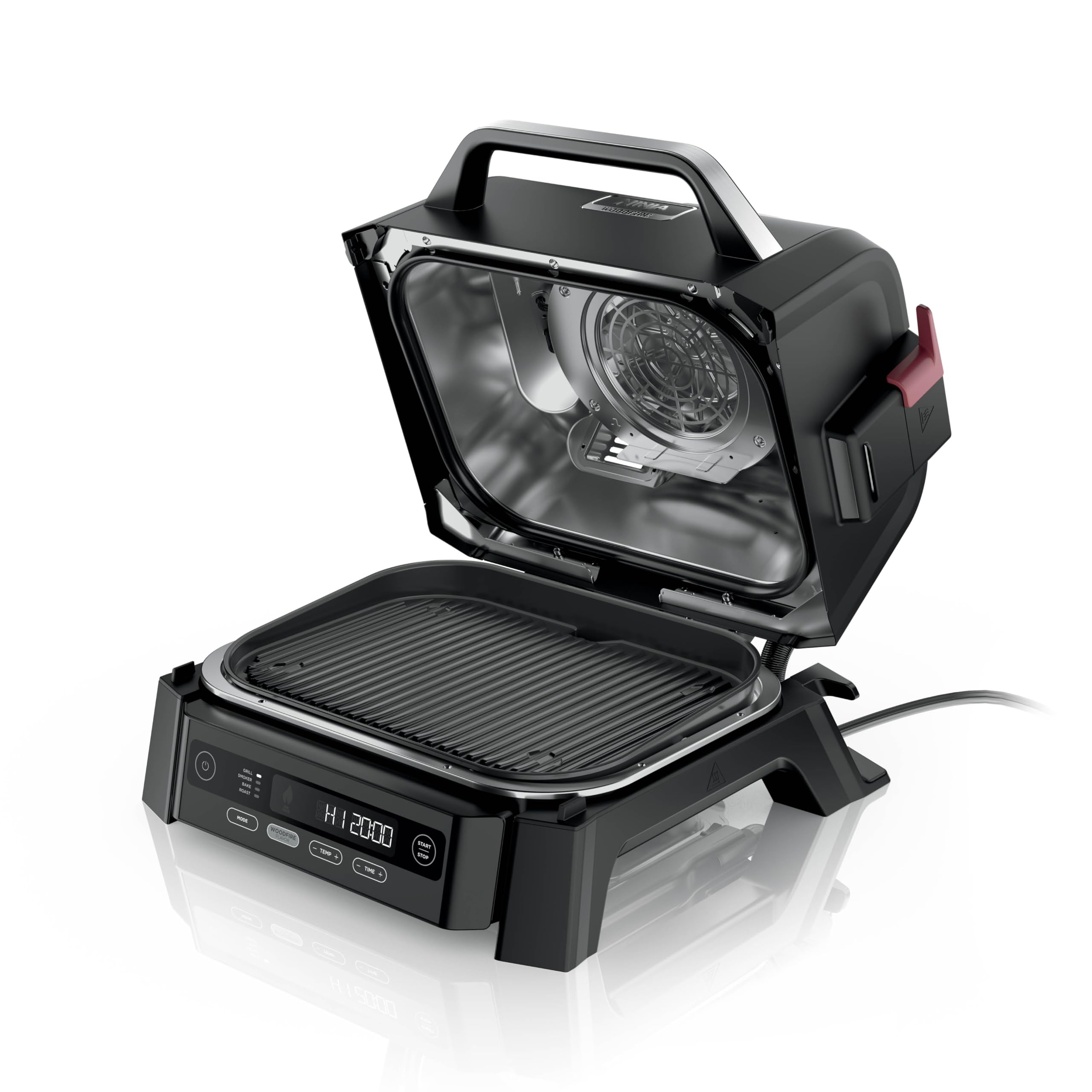 Ninja Woodfire front view showing compact outdoor grill and smoker benefits