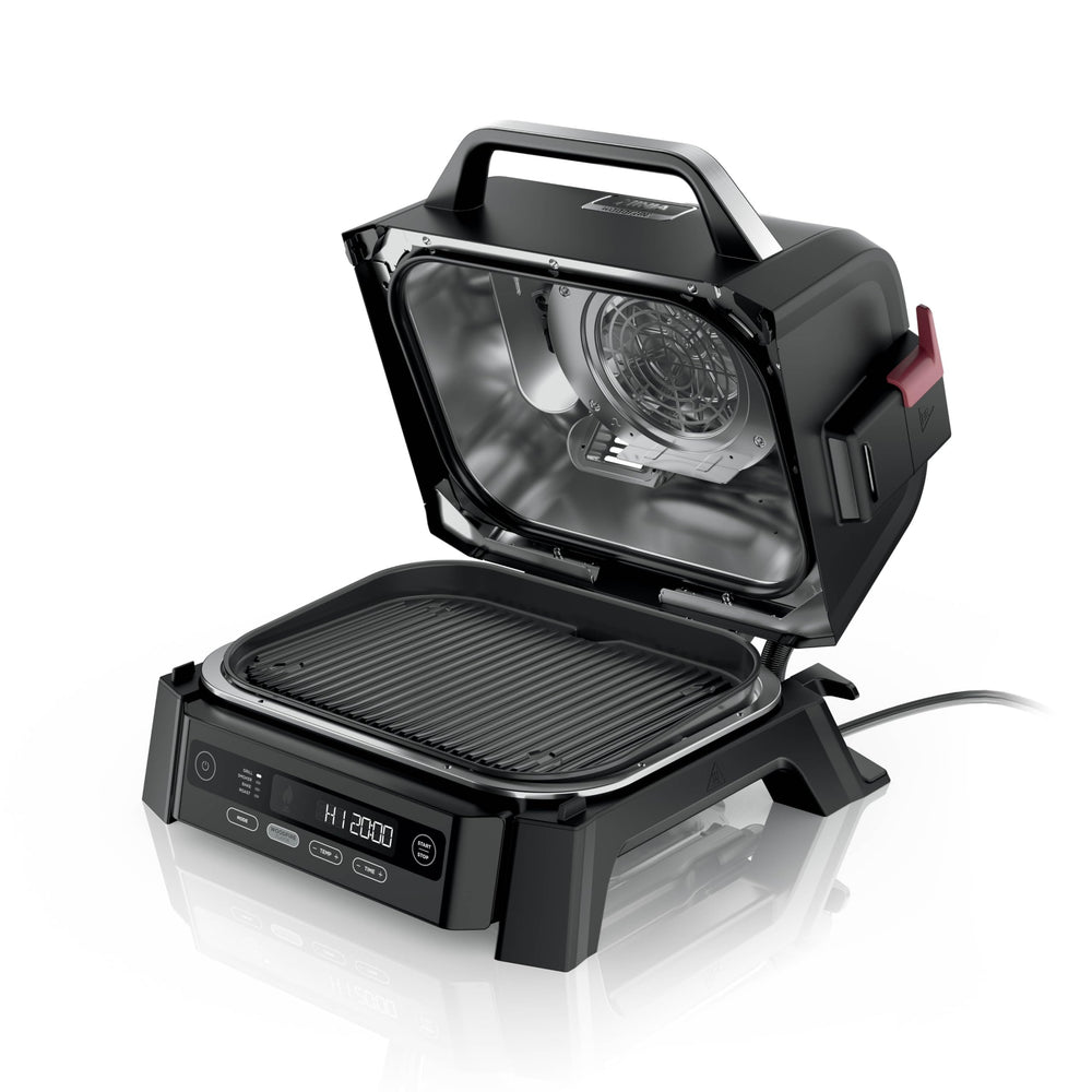 Ninja Woodfire front view showing compact outdoor grill and smoker benefits