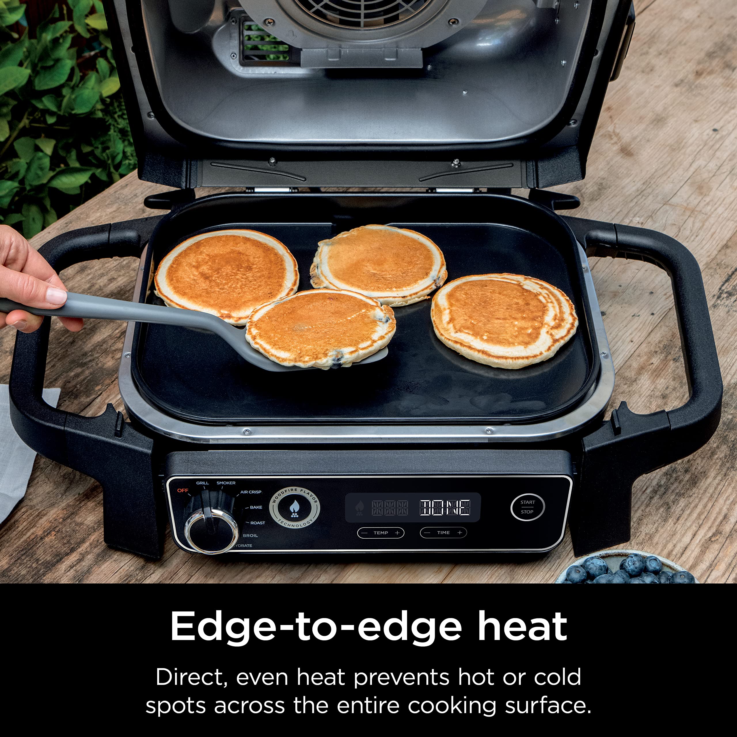 Ninja griddle cooking pancakes and bacon showing versatile breakfast performance and browning