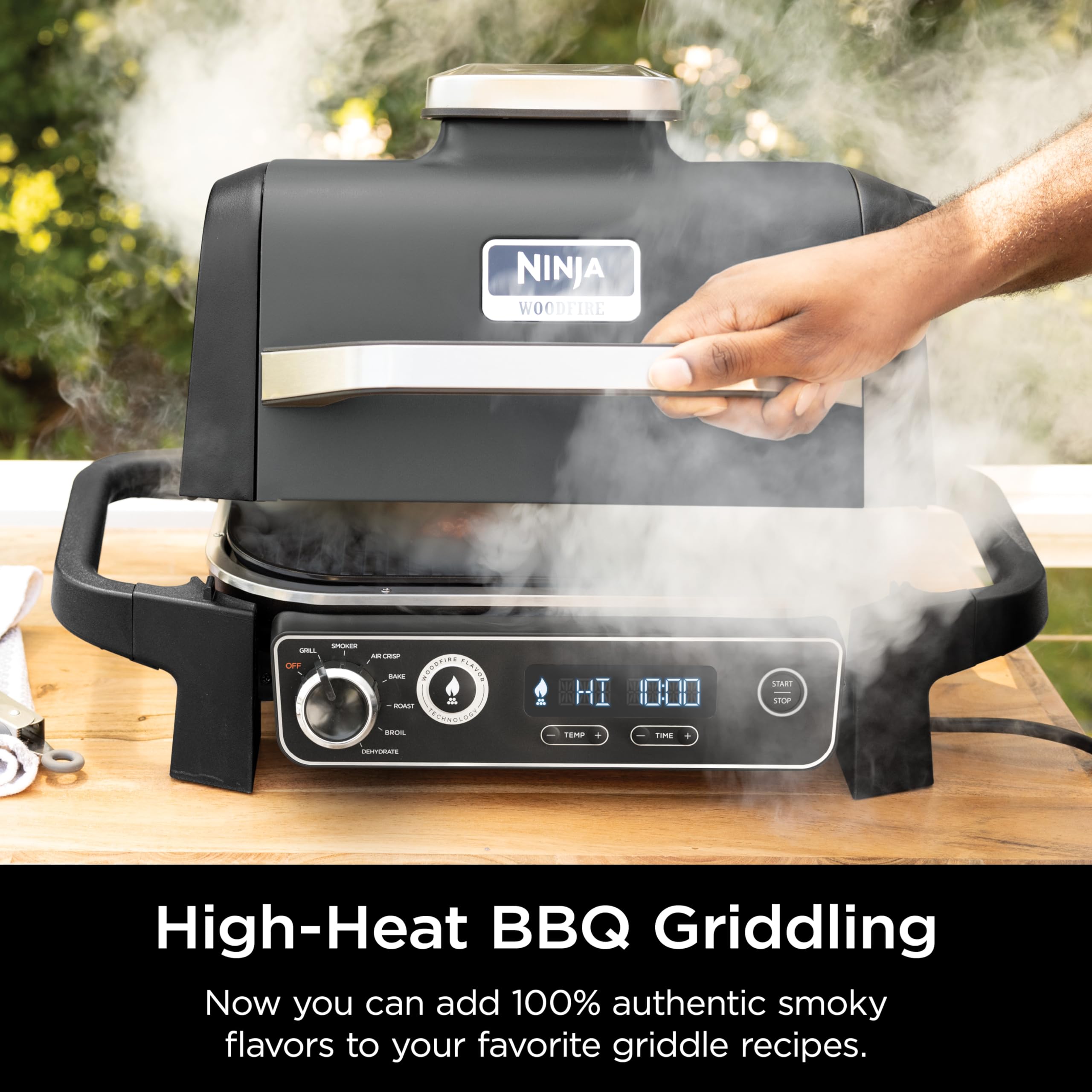 Ninja griddle in backyard lifestyle scene showing grill versatility and entertaining ease