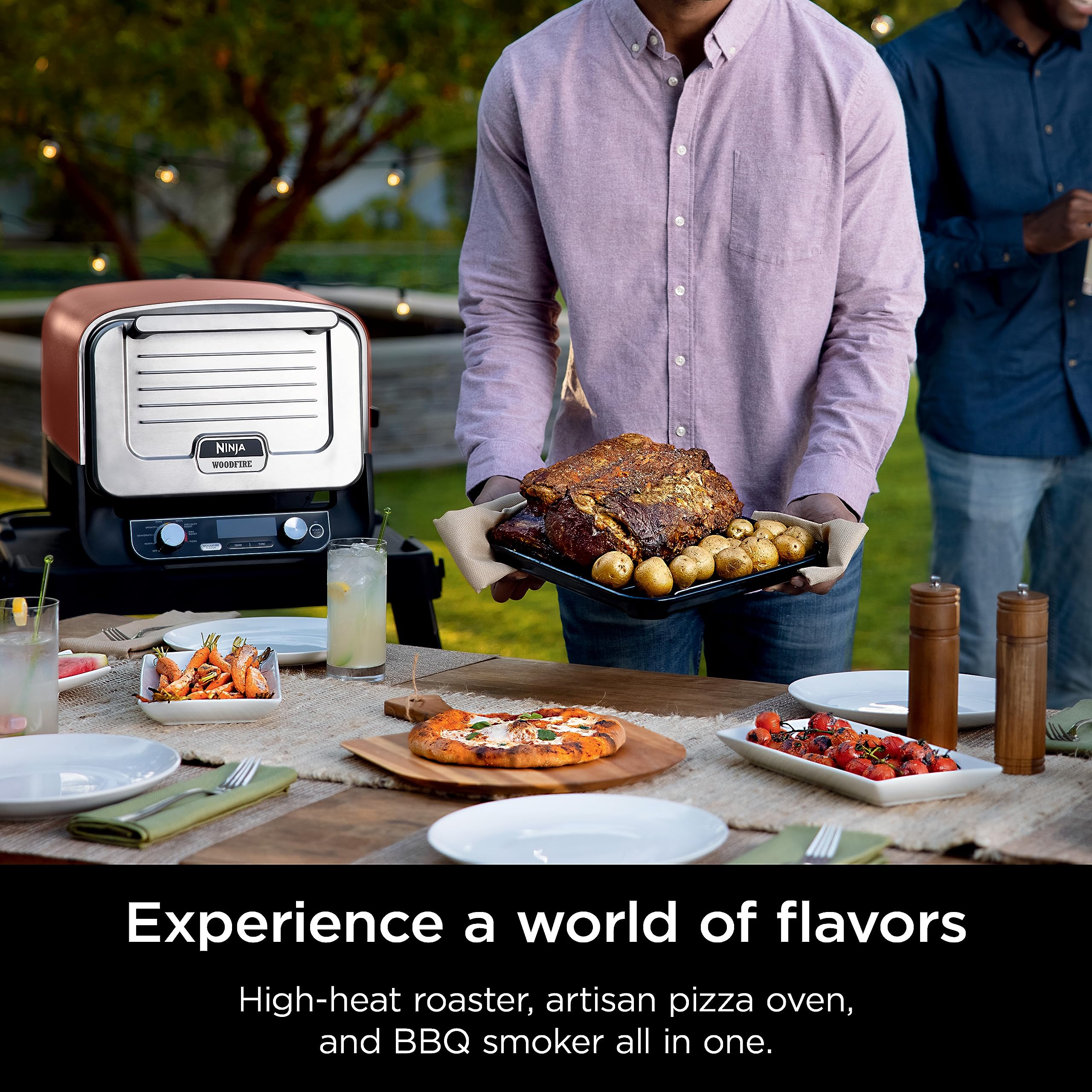 Ninja next to tableware illustrating compact footprint and outdoor capacity