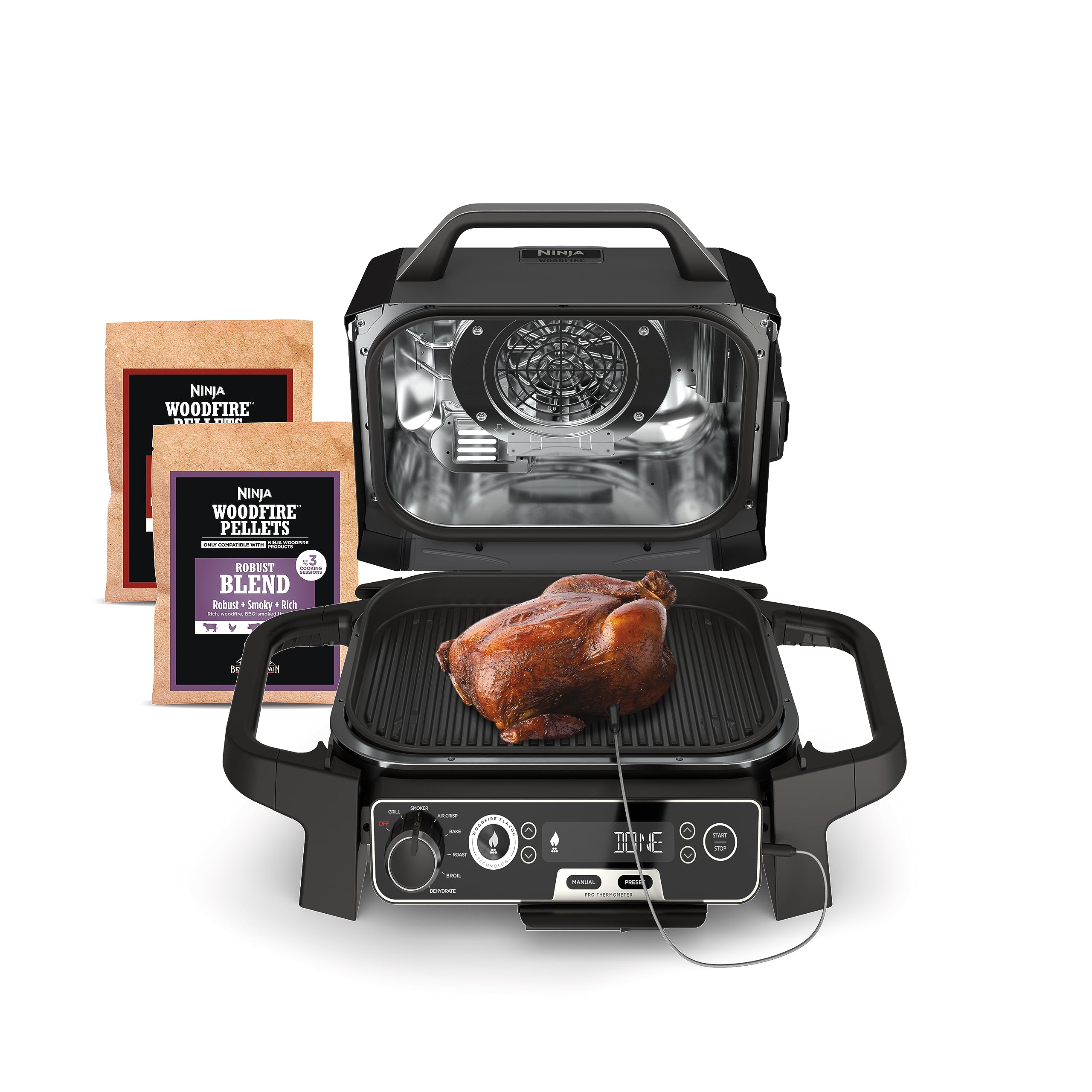 Ninja Woodfire Pro front view showing compact outdoor grill and controls for easy use
