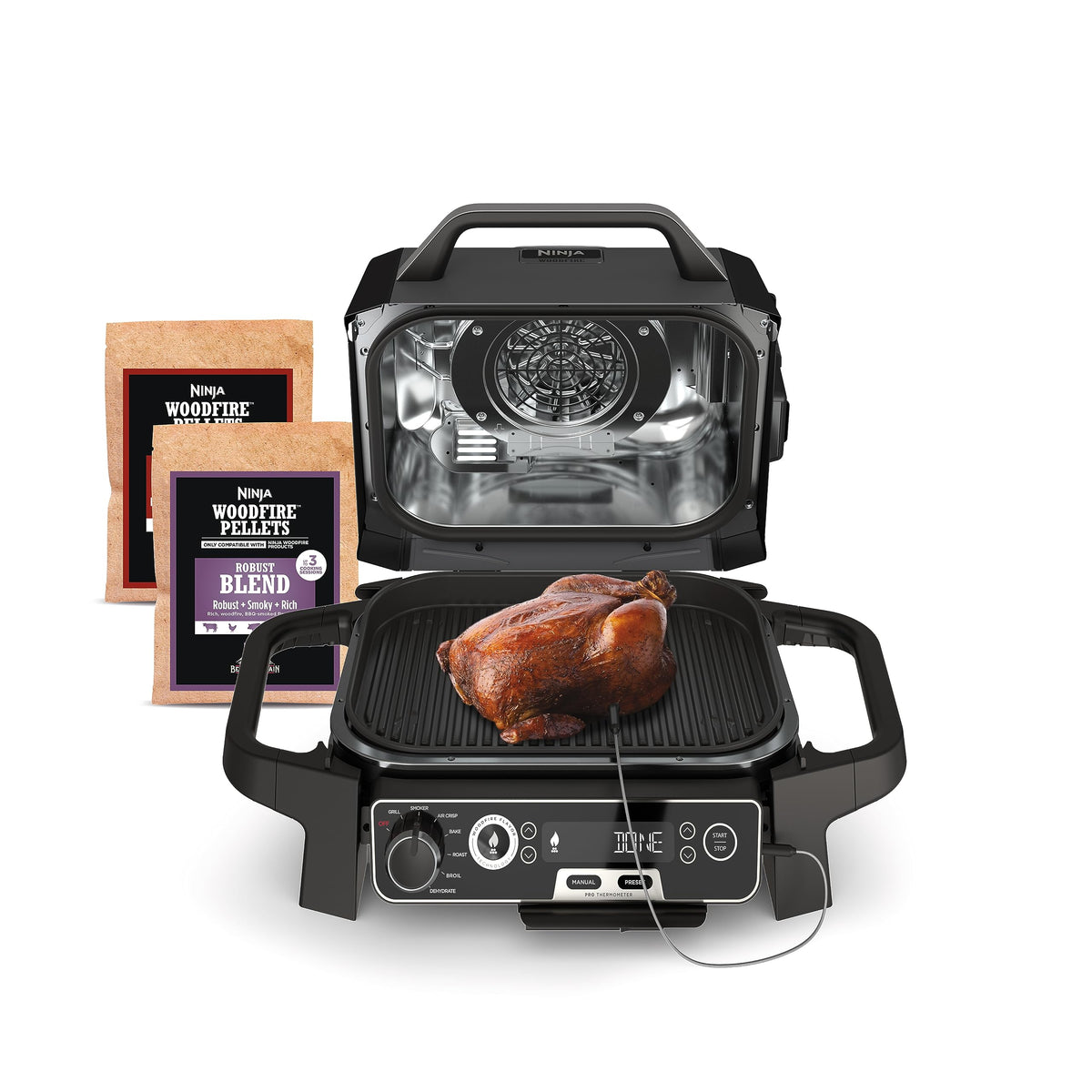 Ninja Woodfire Pro front view showing compact outdoor grill and controls for easy use