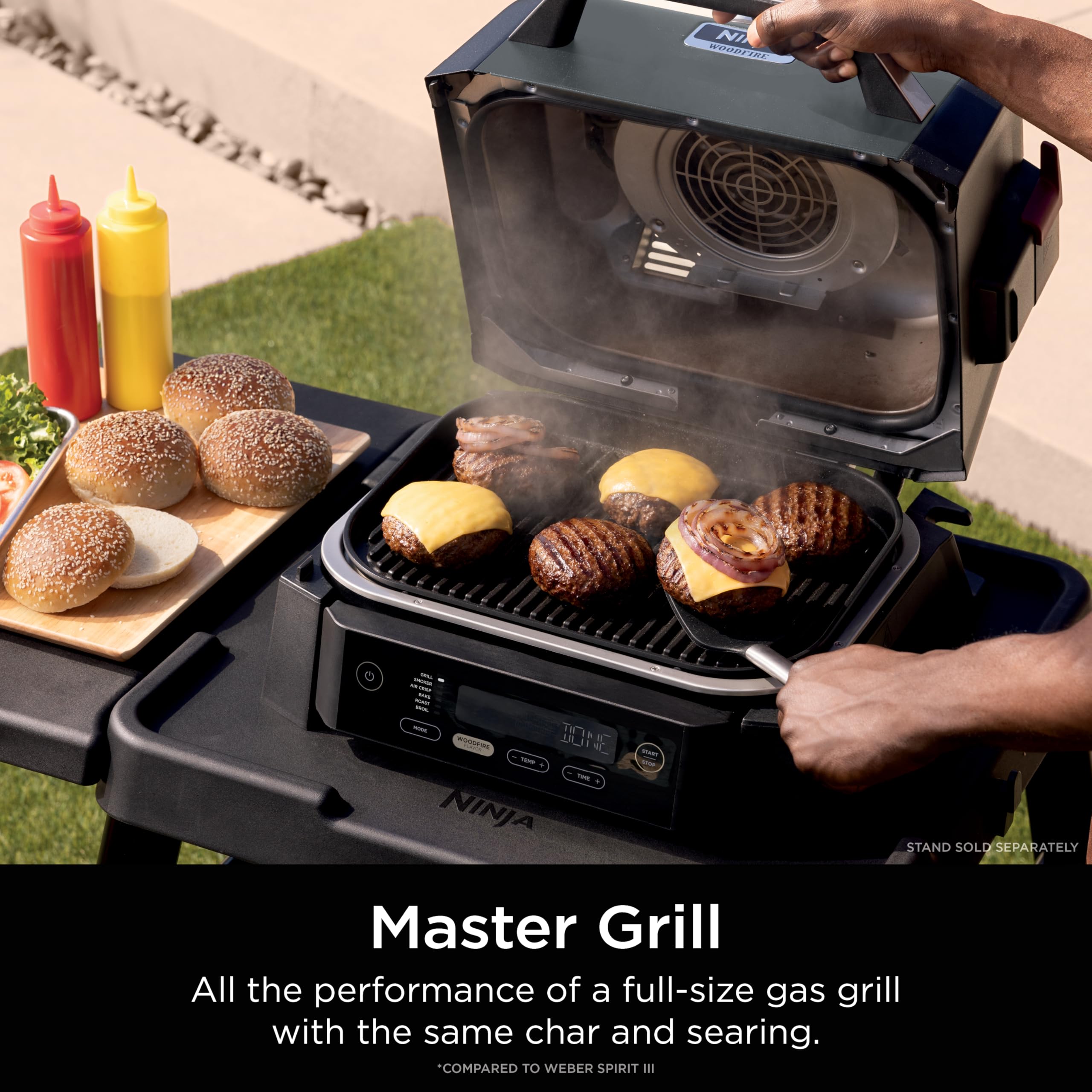 Ninja Woodfire side profile highlighting weather-resistant build for outdoor durability
