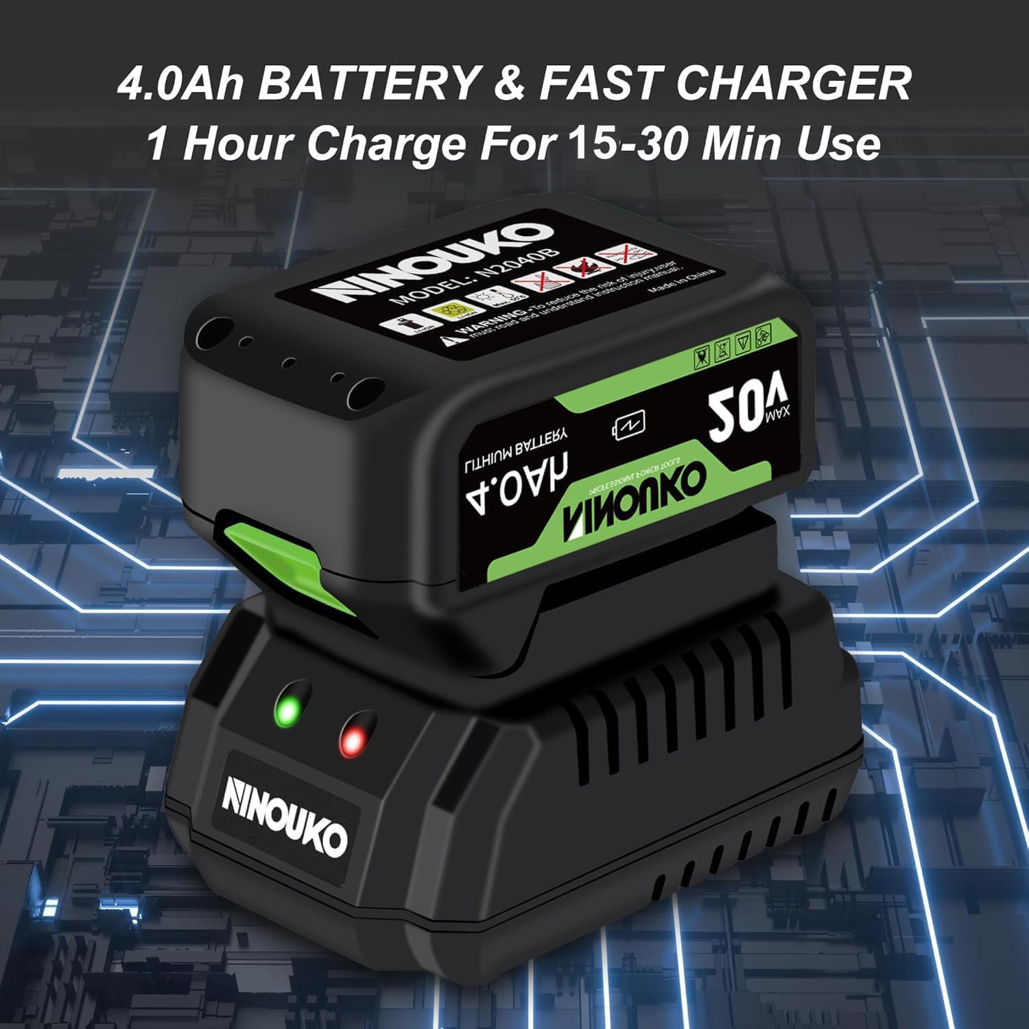 NINOUKO 4.0Ah battery and charger set showing fast-charge convenience