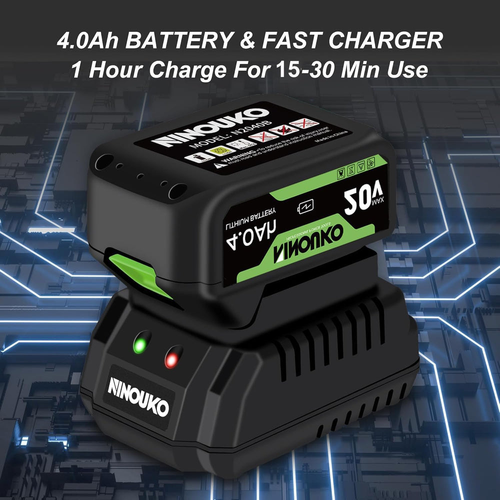 NINOUKO 4.0Ah battery and charger set showing fast-charge convenience