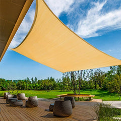 NINXANG front view of sand yellow rectangular shade sail showing coverage and brightening benefit
