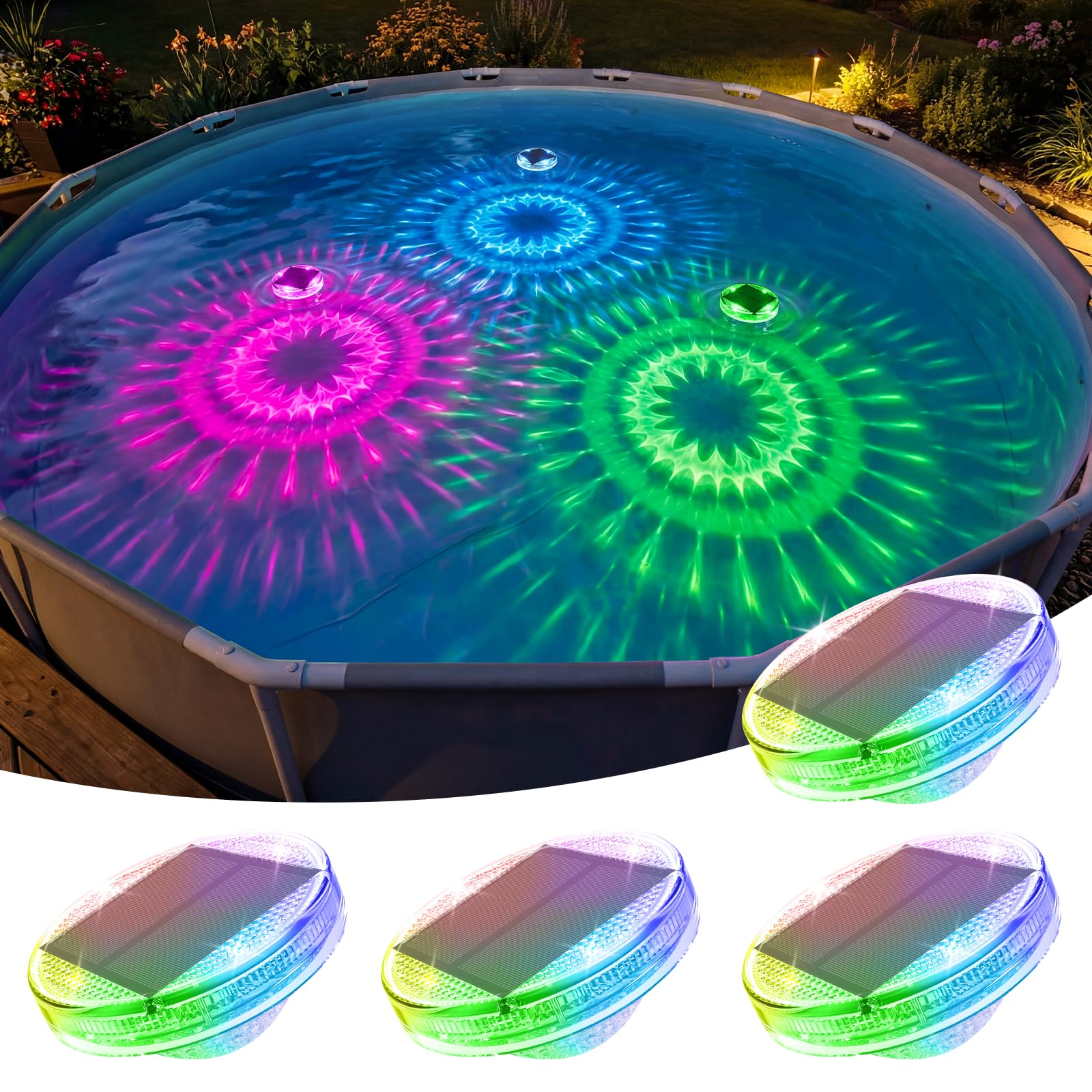 NIORSUN front view of floating solar pool lights showing color options and benefit of cordless lighting