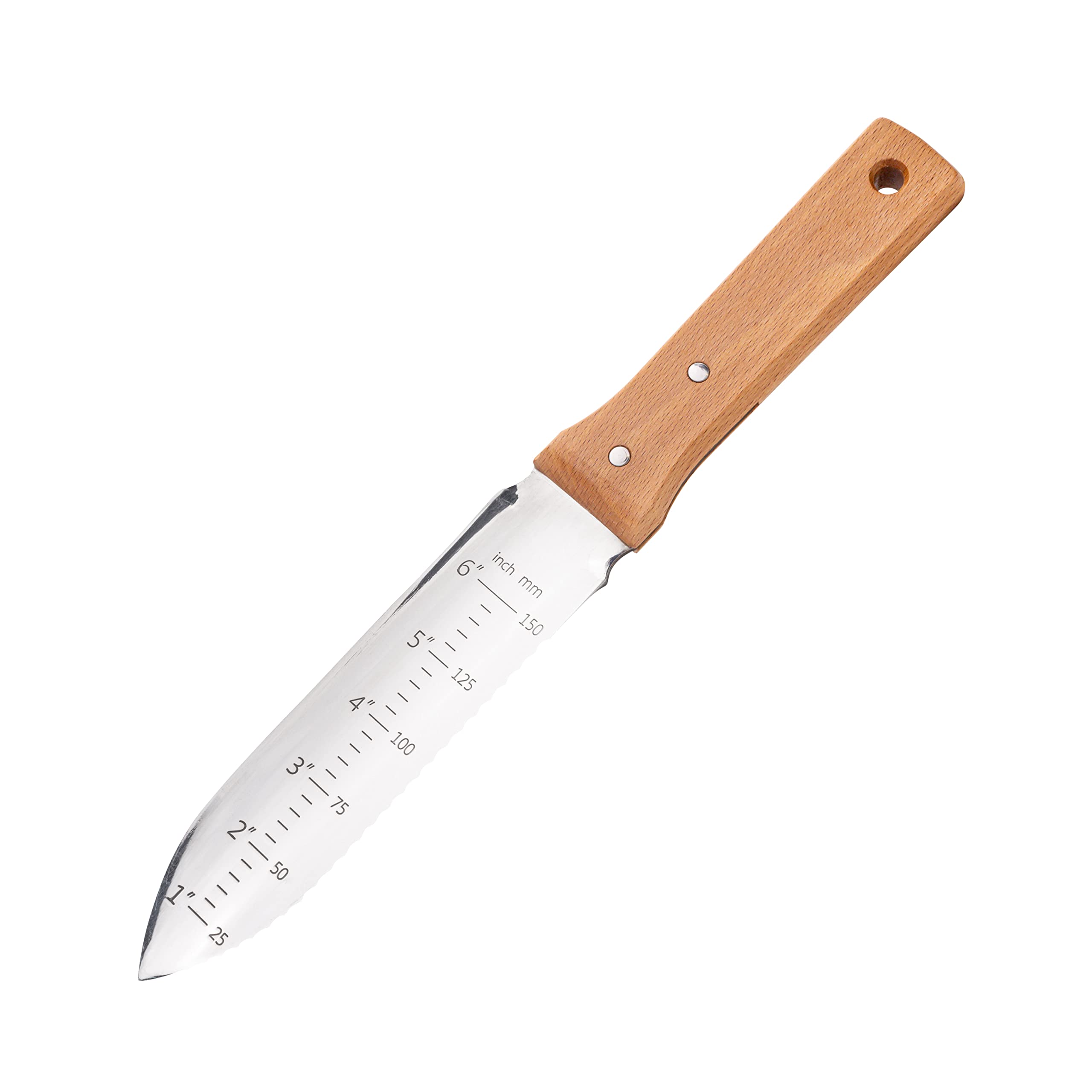 nisaku blade close-up with inch markings highlighting precise planting depth