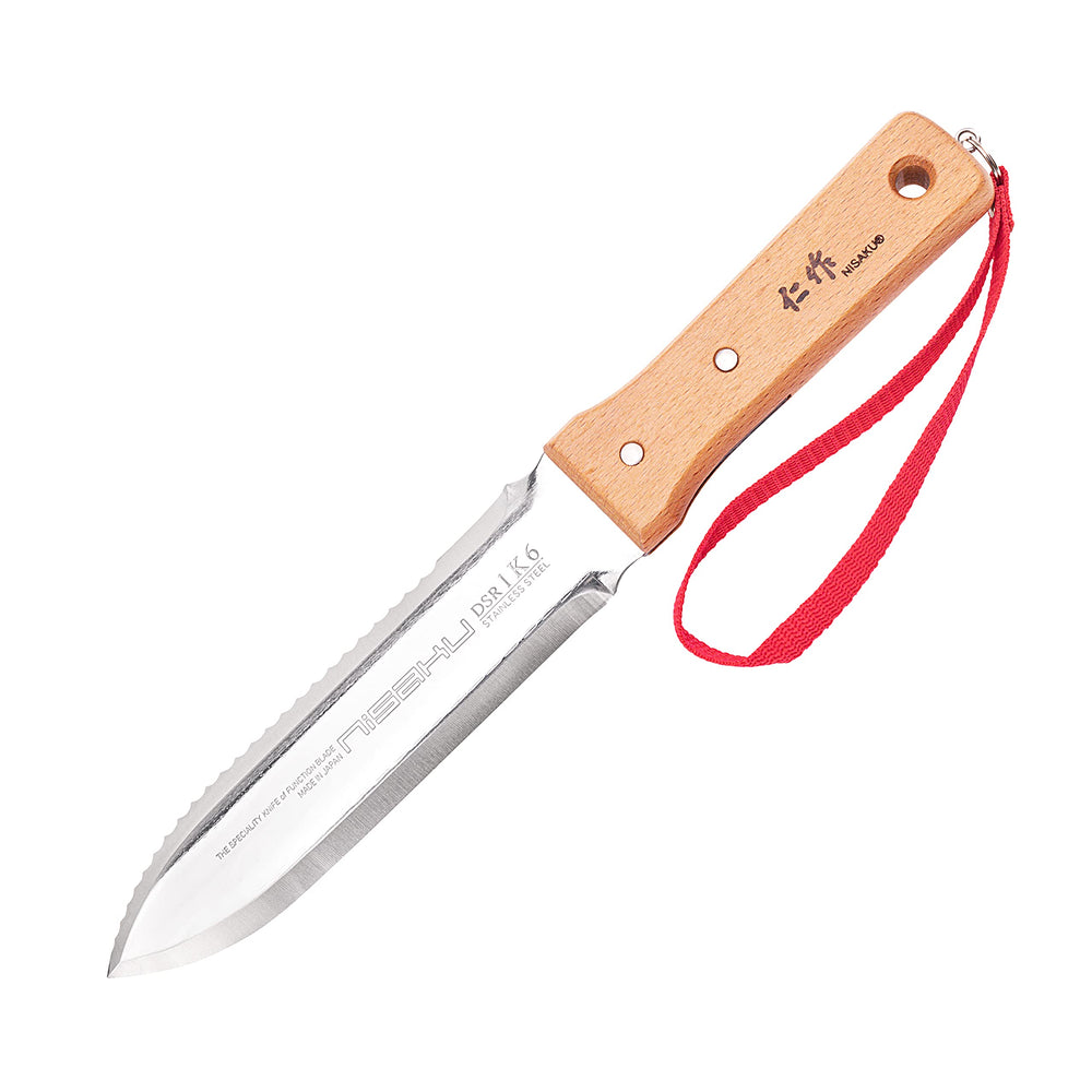 nisaku closeup serrated edge displaying sharp teeth for cutting roots and twine