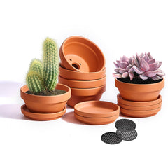 NiSevenLiving terracotta front view showing six pots and neat saucers for tidy displays