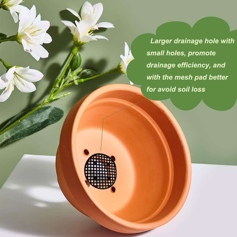 NiSevenLiving terracotta with saucer top view showing saucer collecting runoff and protecting surfaces