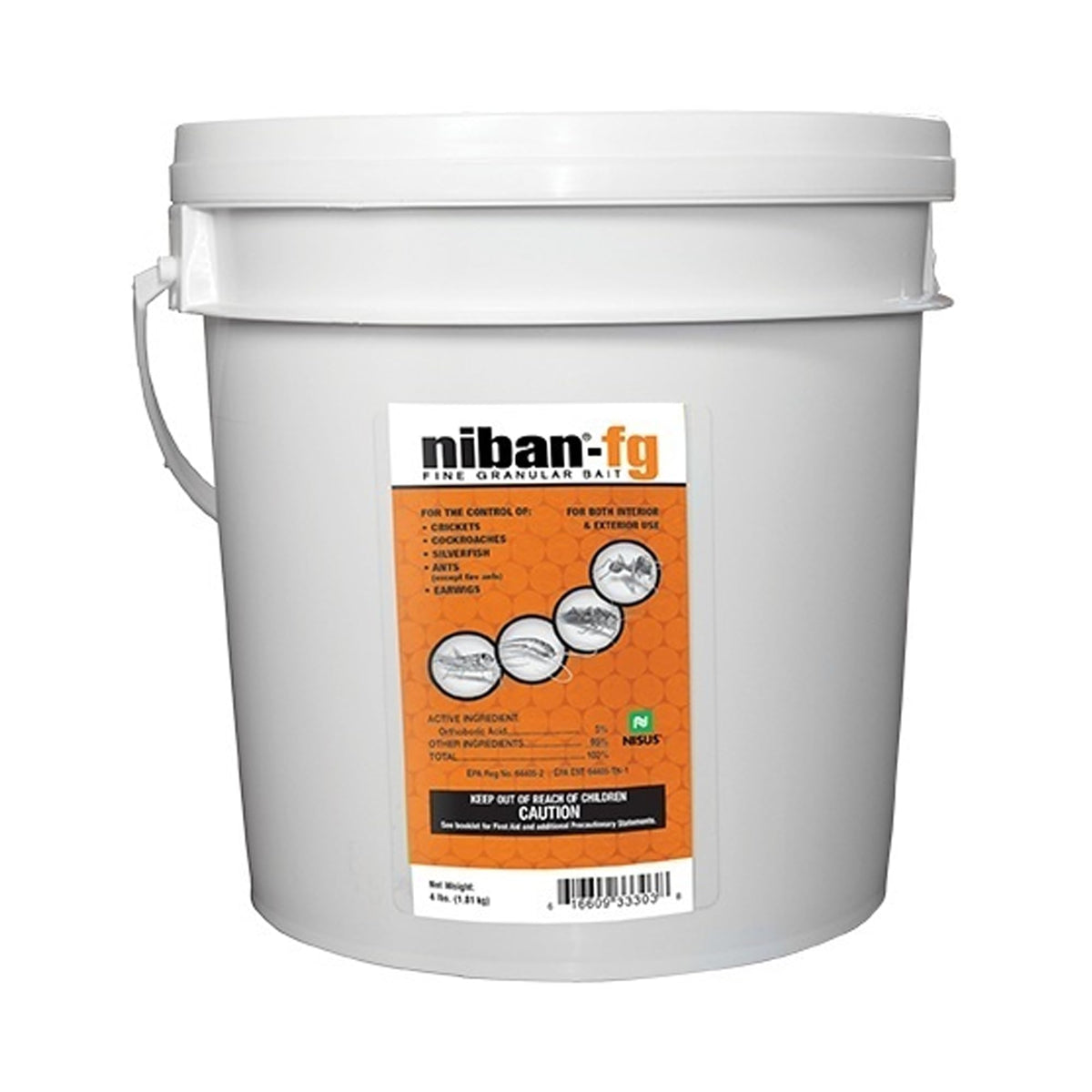Nisus NiBan-FG front packaging showing label and 4 lb container, clear product benefit