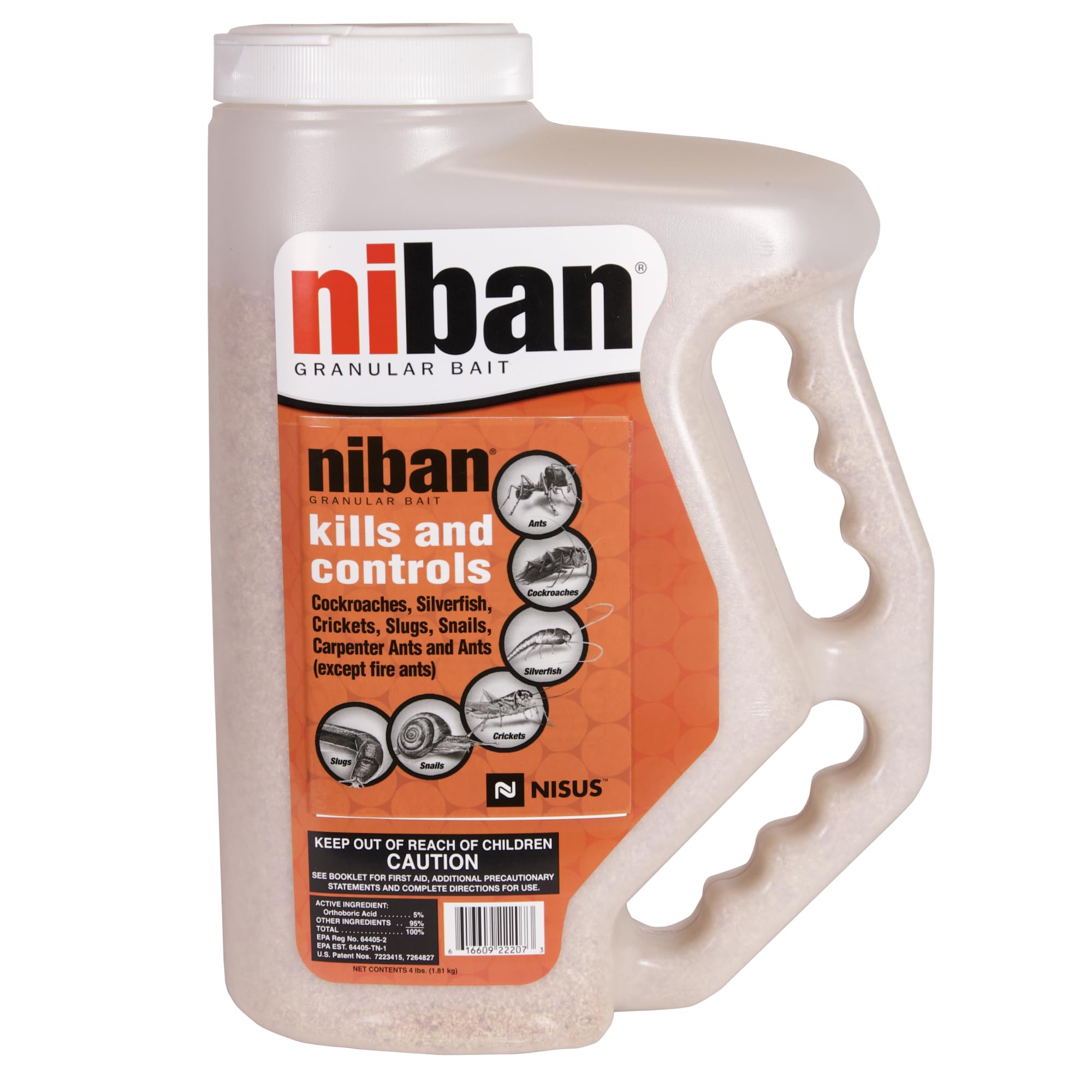 Nisus Niban front packaging showing 4 lb container and applicator benefit