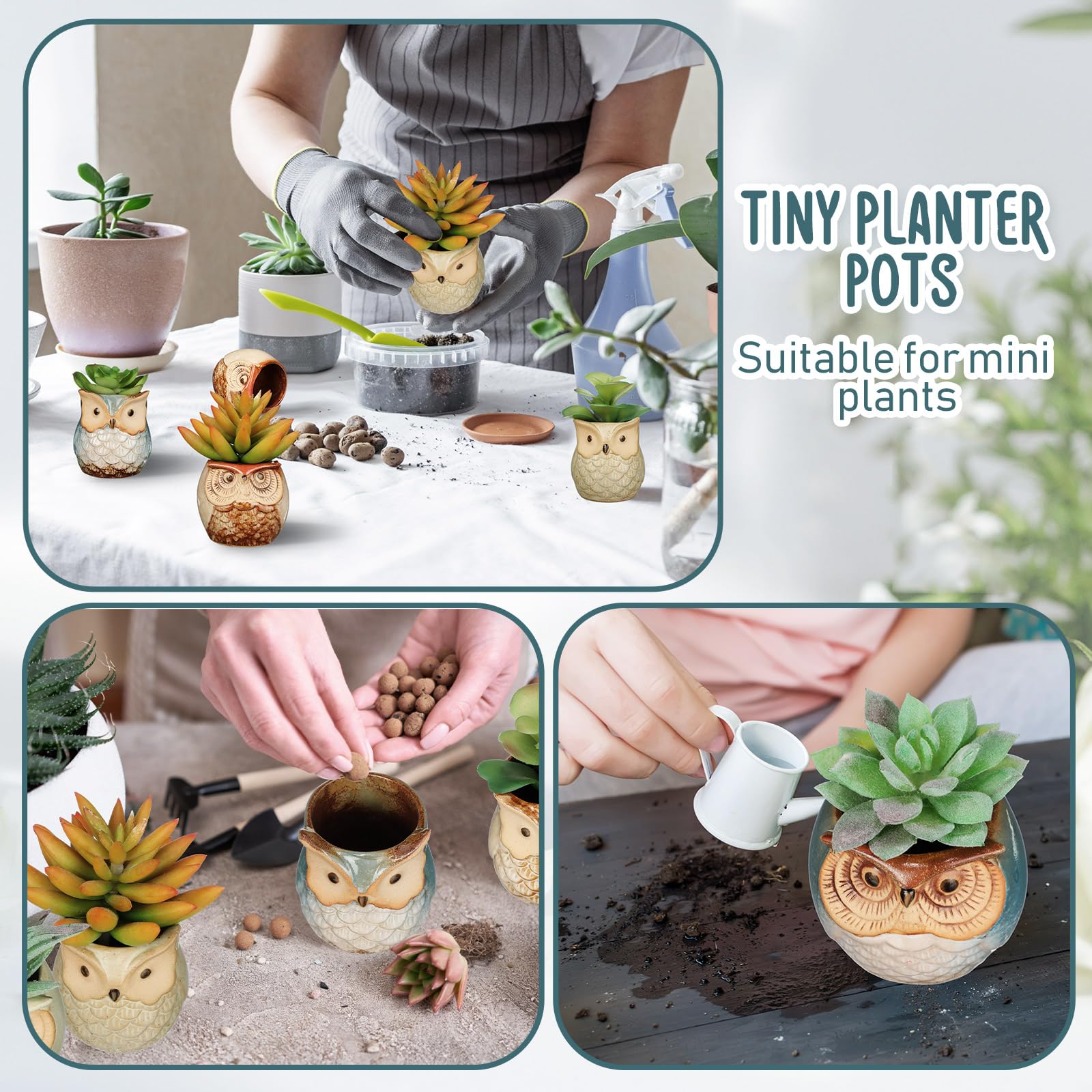 Hand holding Nitial owl planter demonstrating compact size and scale for desks