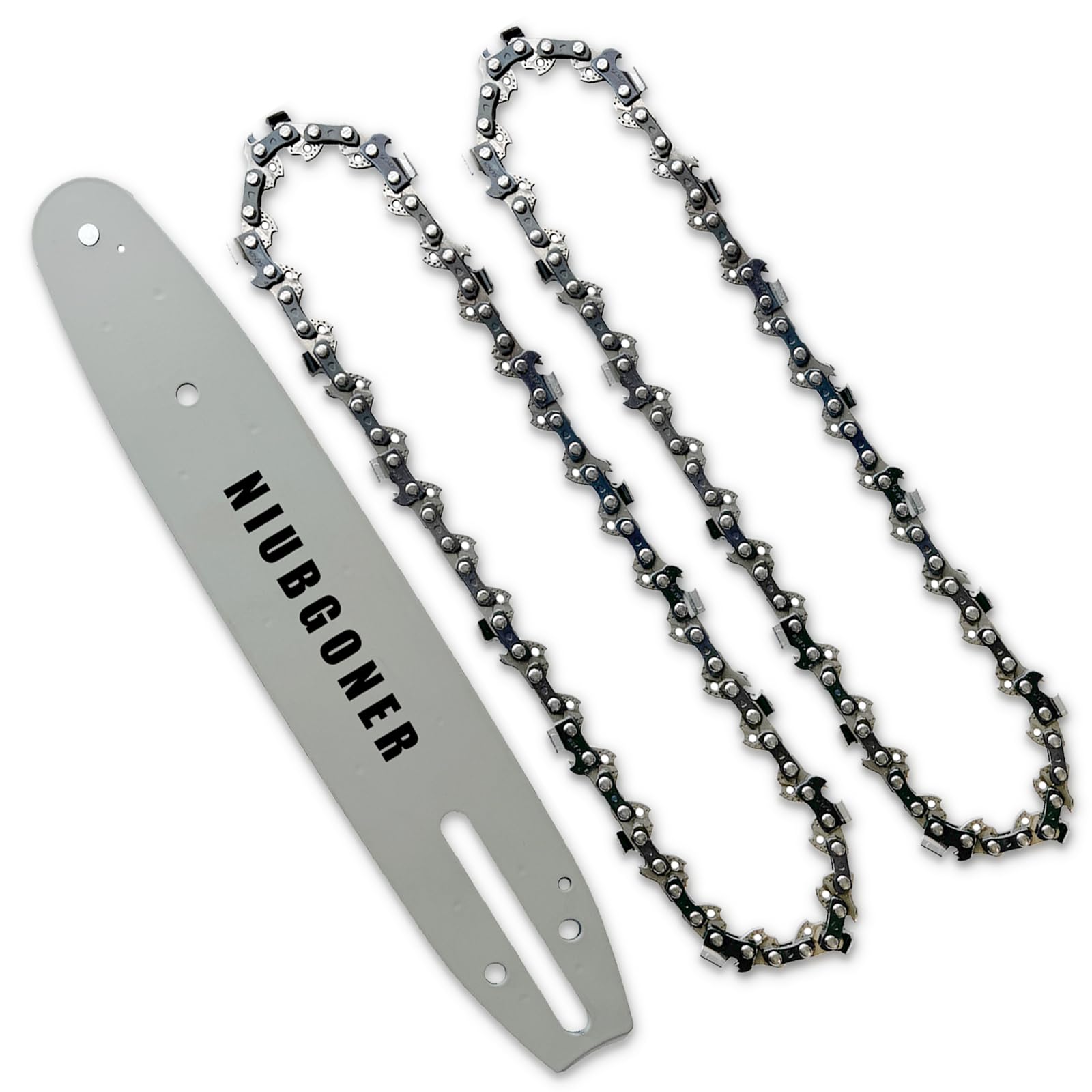 NIUBGONER front view of 10 inch bar and two chains showing complete replacement kit benefit