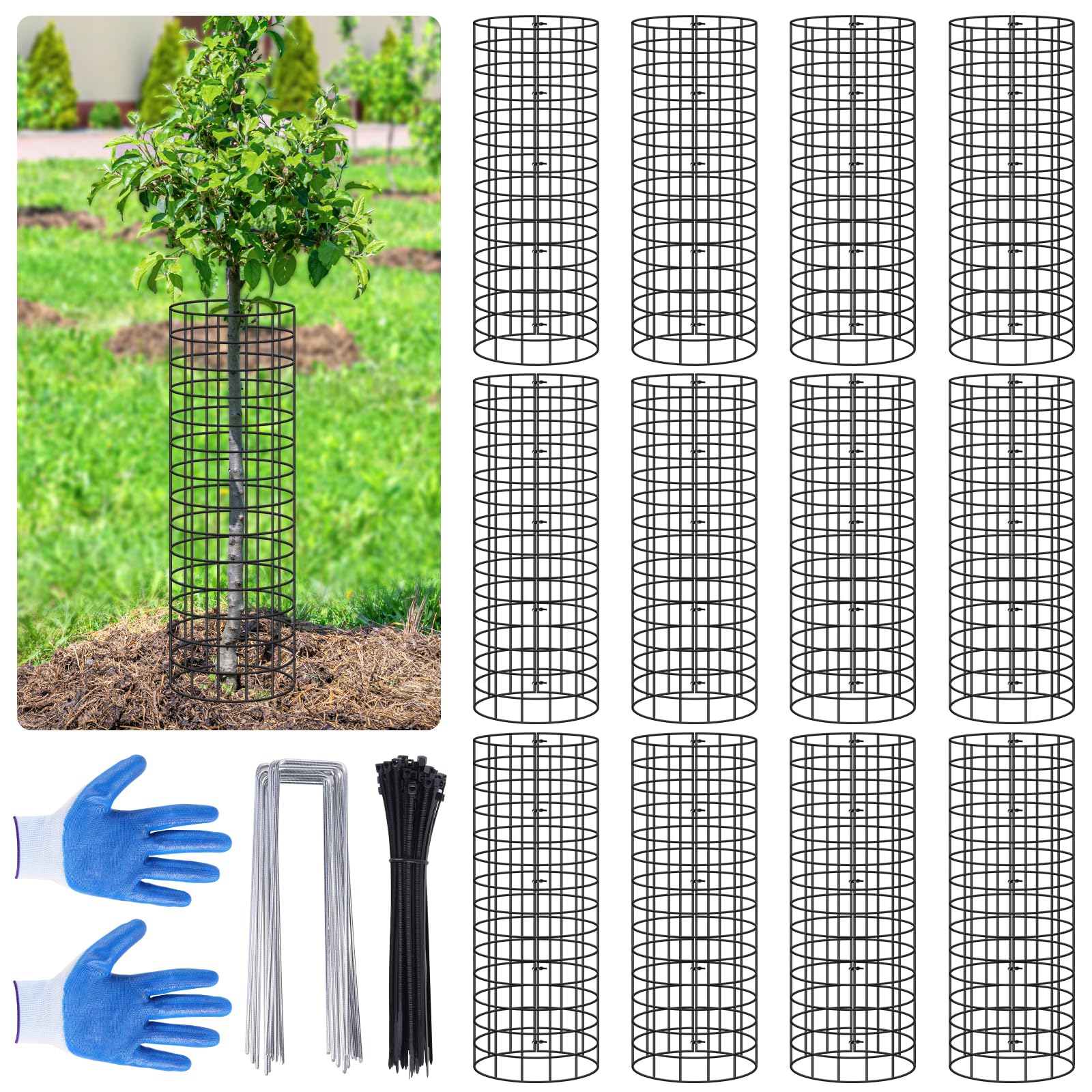 Niuyhe front packaging showing 12 pre-curved tree protectors and included accessories for easy protection