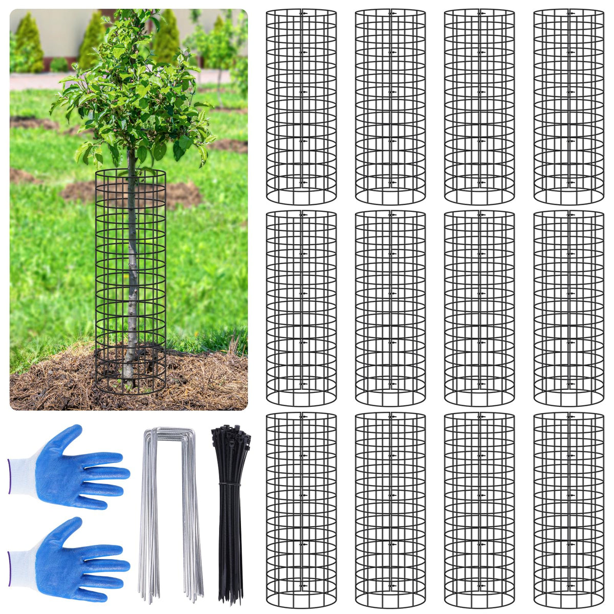 Niuyhe front packaging showing 12 pre-curved tree protectors and included accessories for easy protection