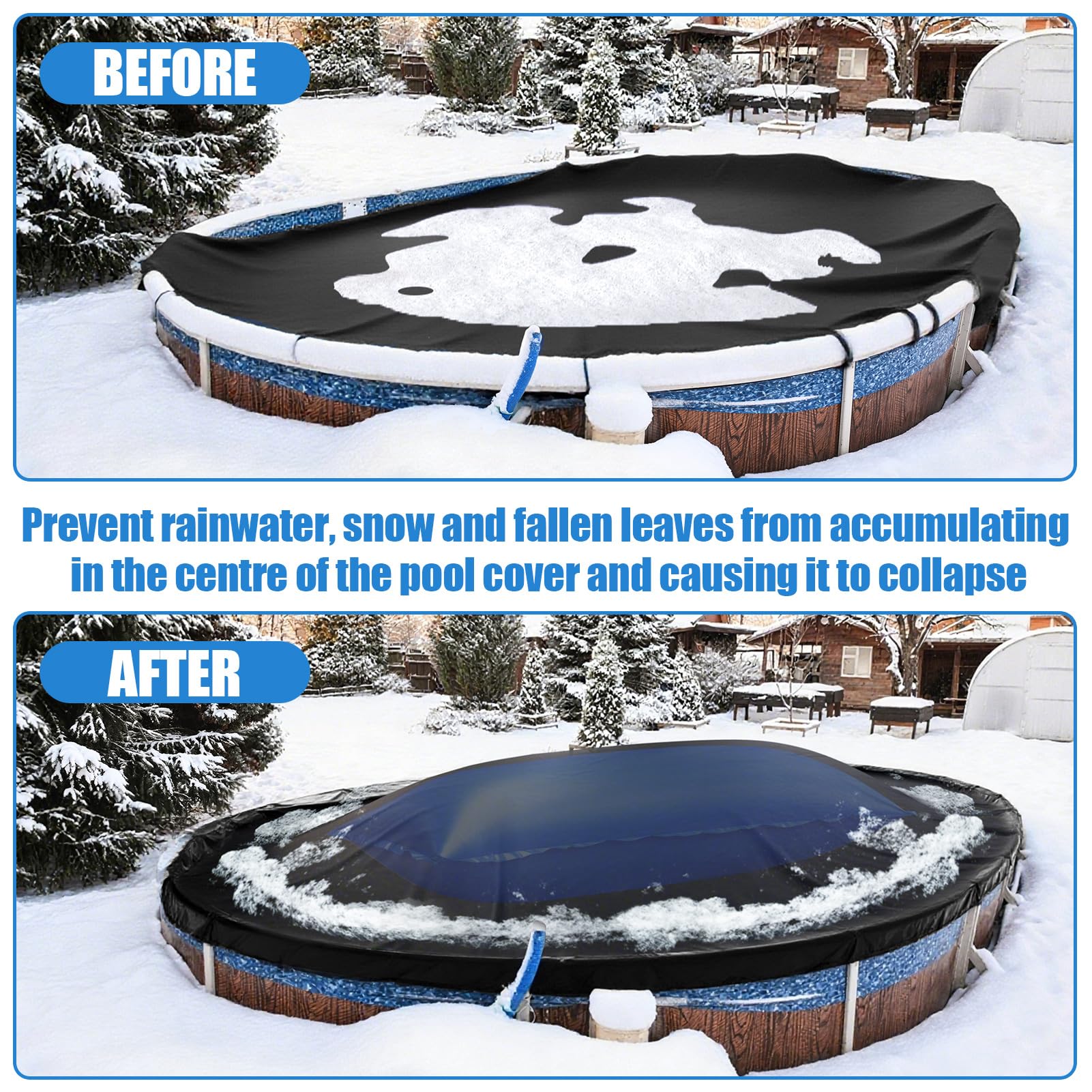 Niuyhe pool pillow in snowy backyard demonstrating reliable winter protection benefit