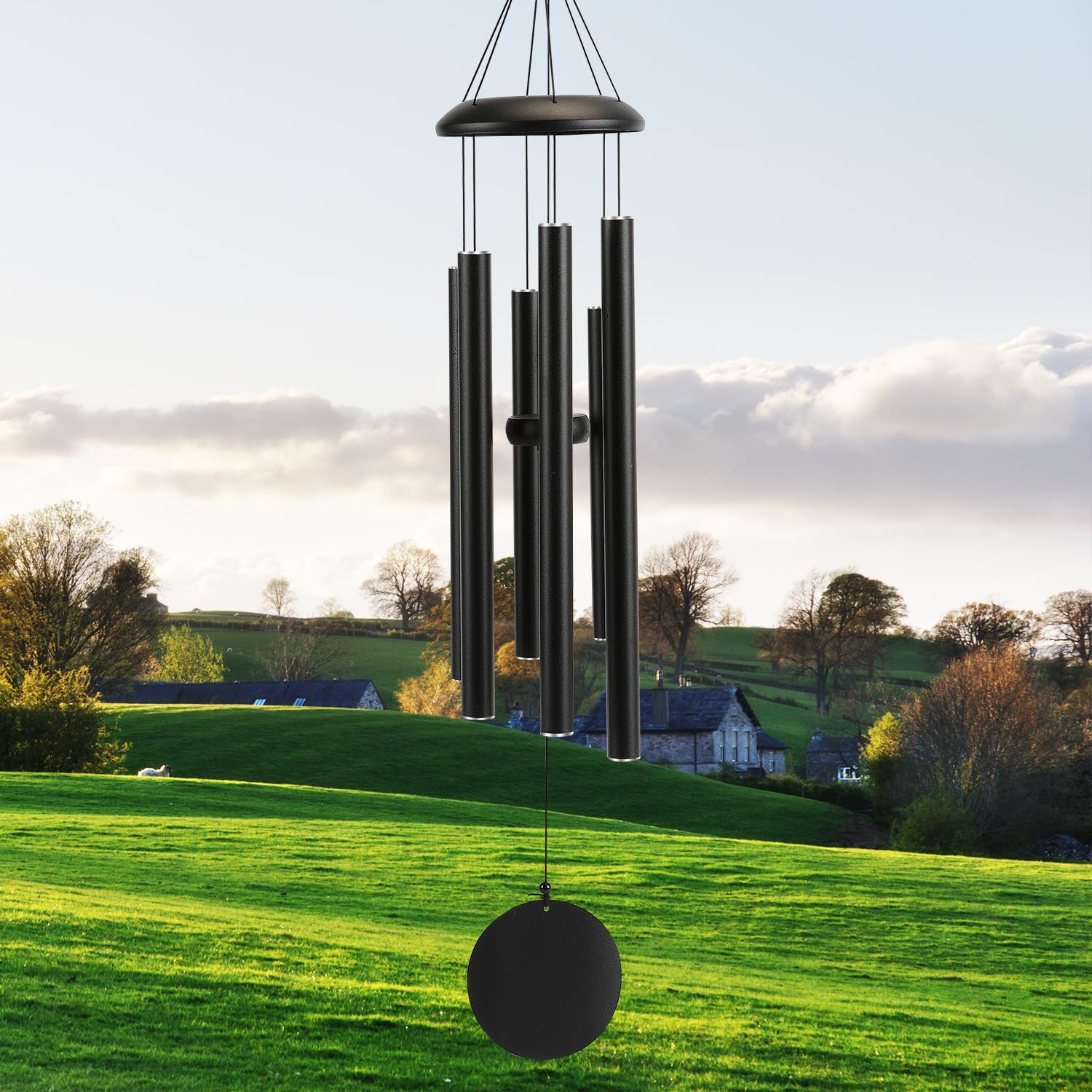 Njeury front view of 40-inch black wind chime showing elegant silhouette and deep tone