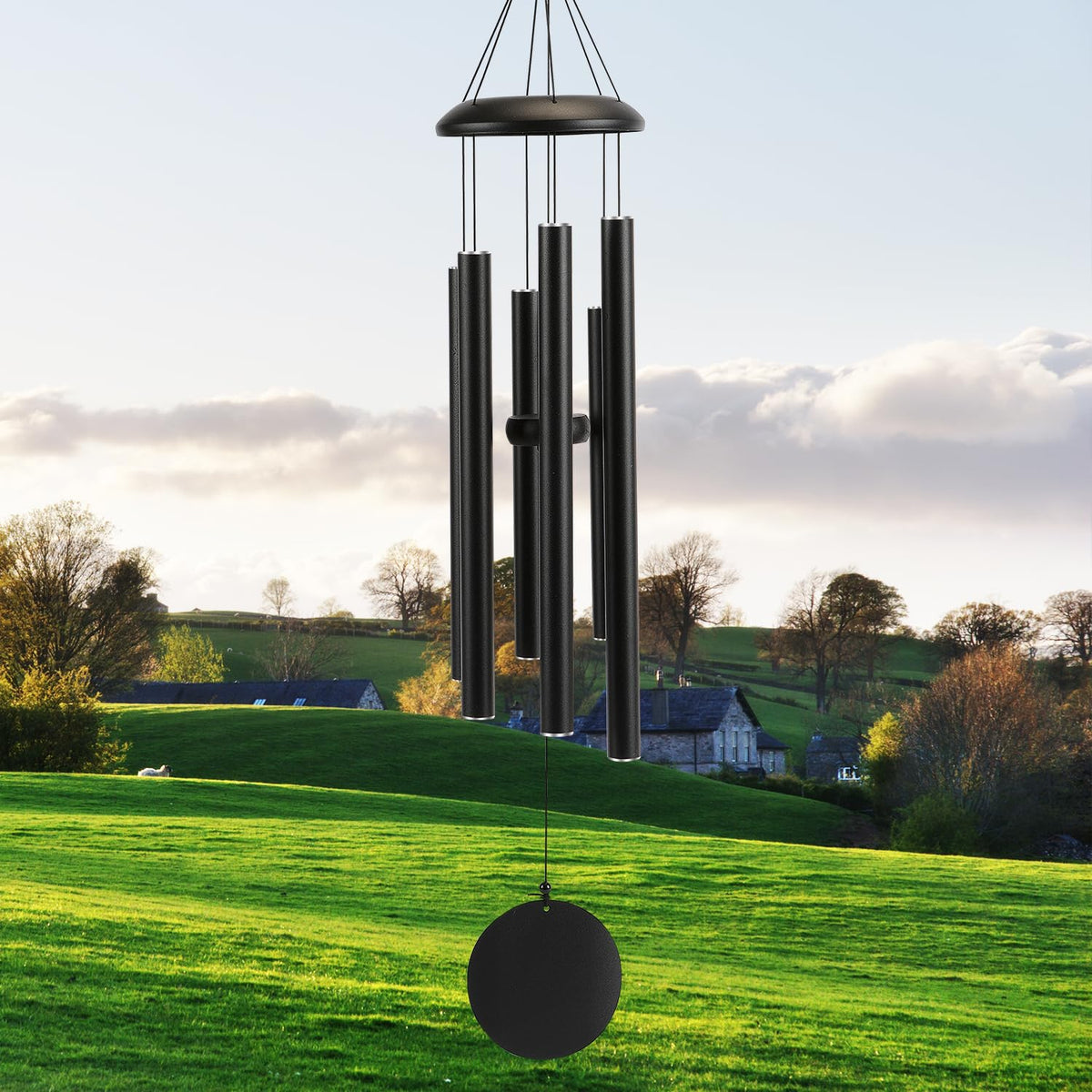 Njeury front view of 40-inch black wind chime showing elegant silhouette and deep tone