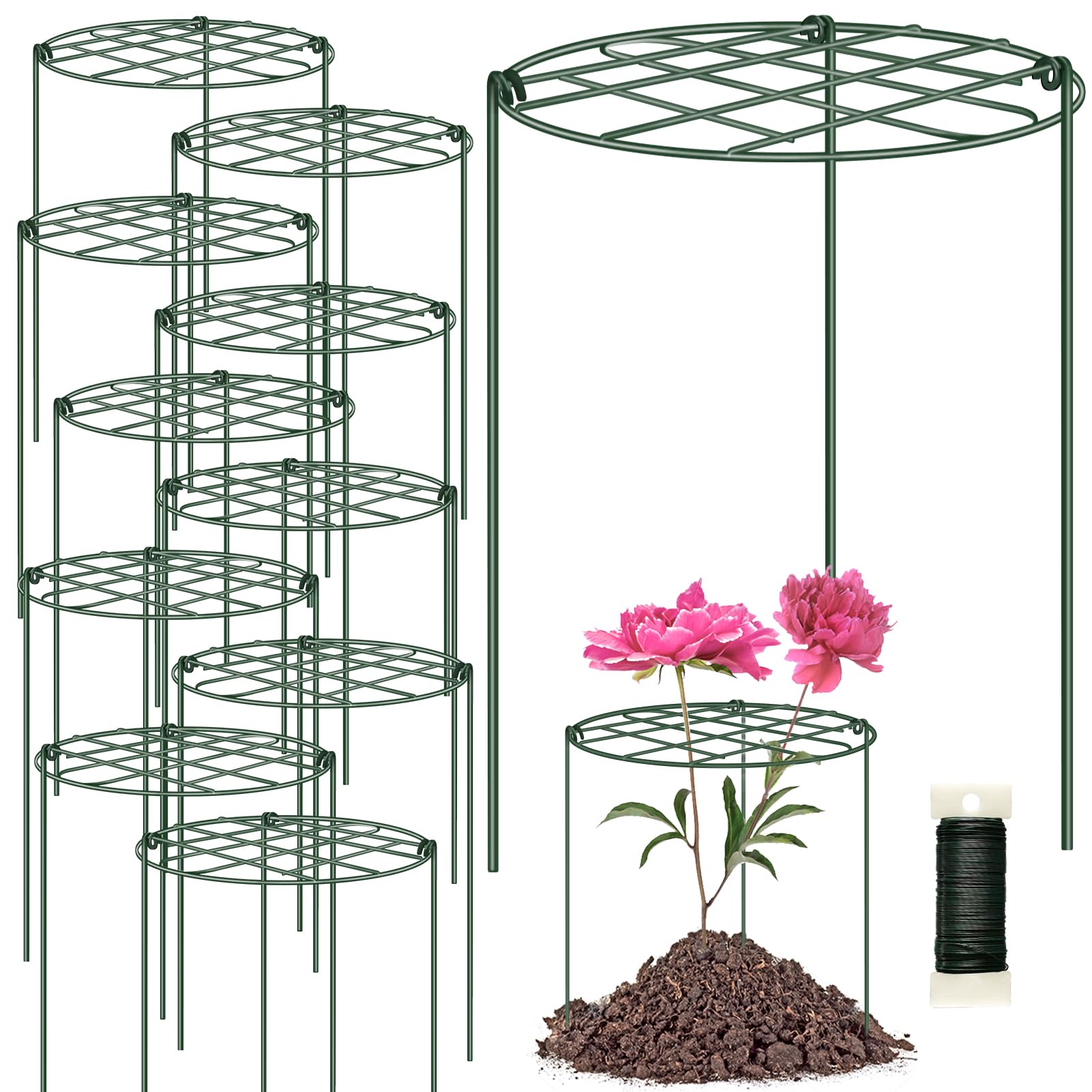 NNG front view of ten green peony cages showing organized set and benefit of multiple supports