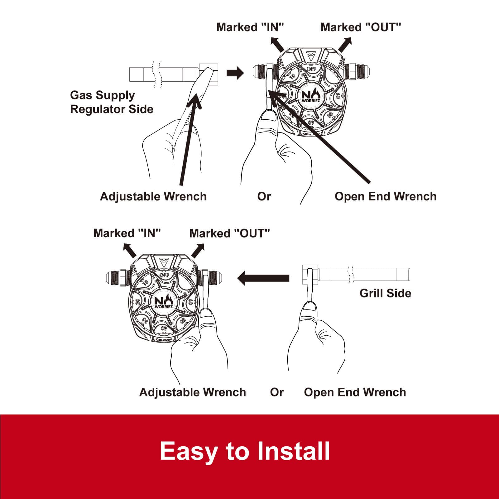 NO WORRIEZ installed on outdoor grill regulator showing safer cooking benefit