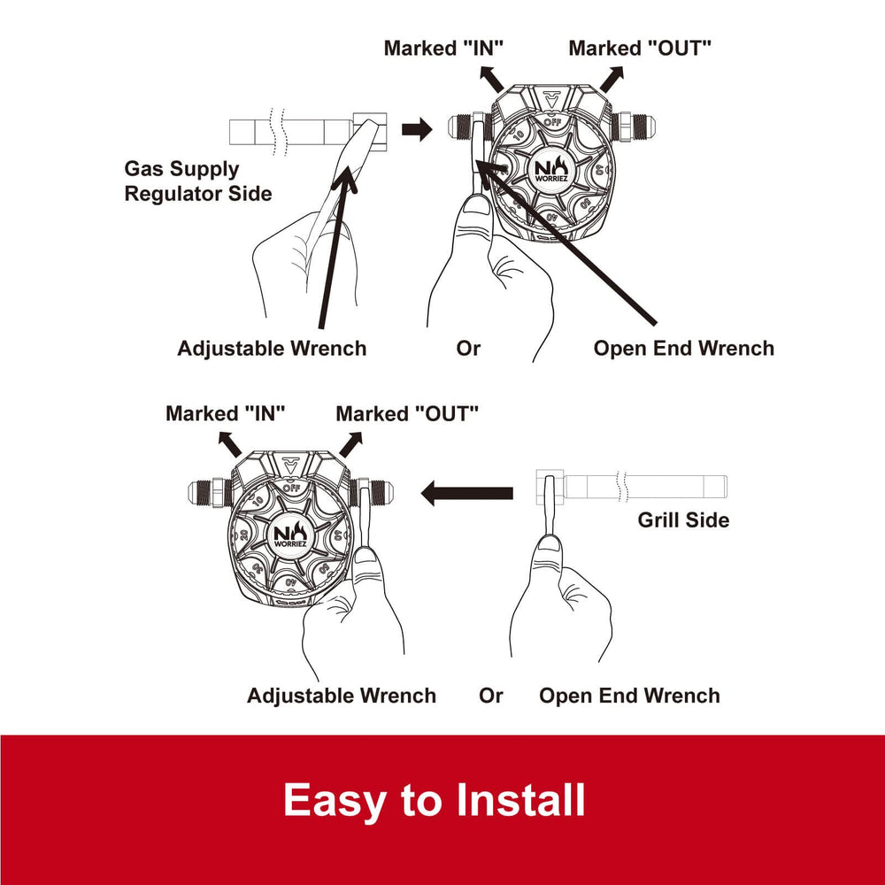NO WORRIEZ installed on outdoor grill regulator showing safer cooking benefit