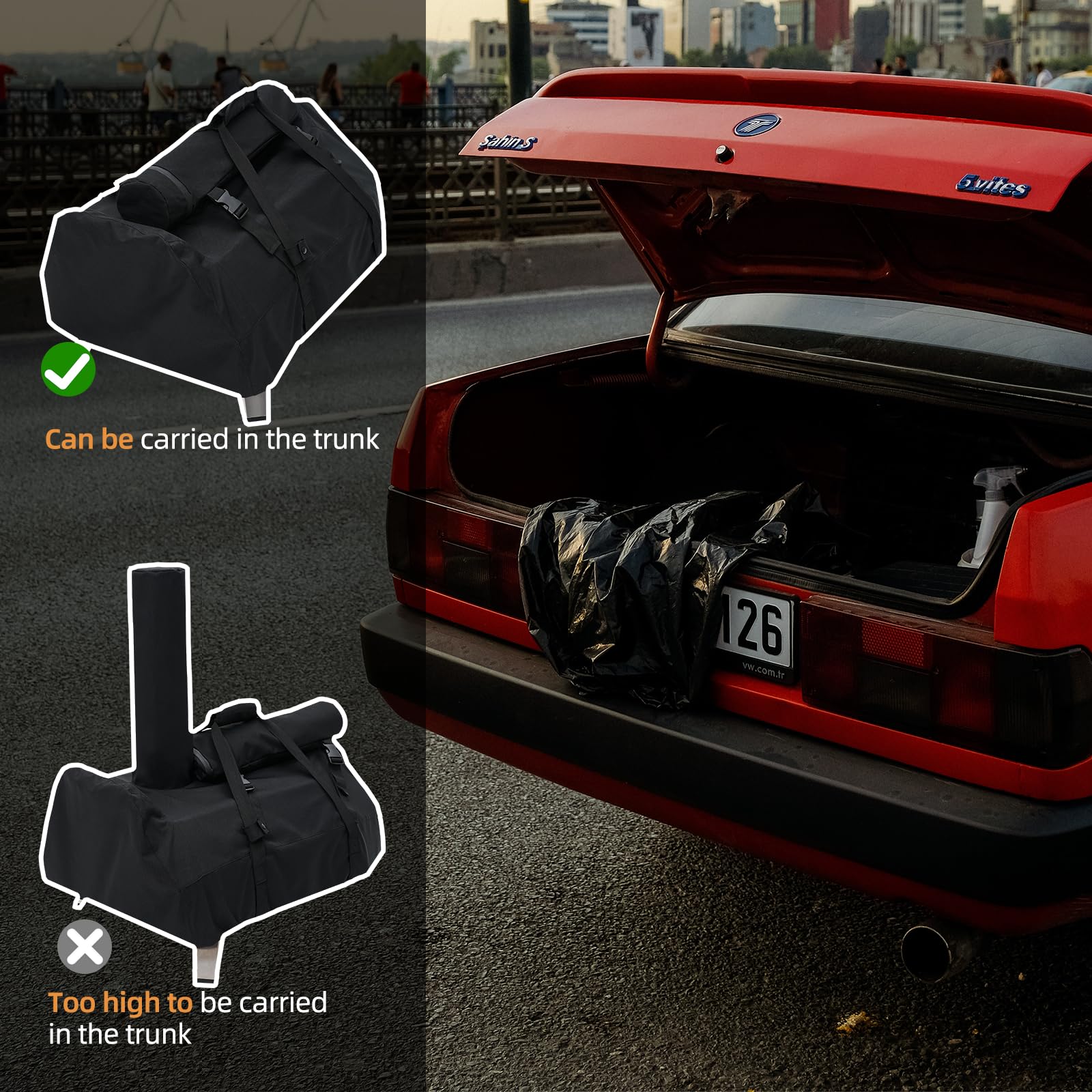 NOELIFE top pocket holding disassembled chimney for compact transport benefit
