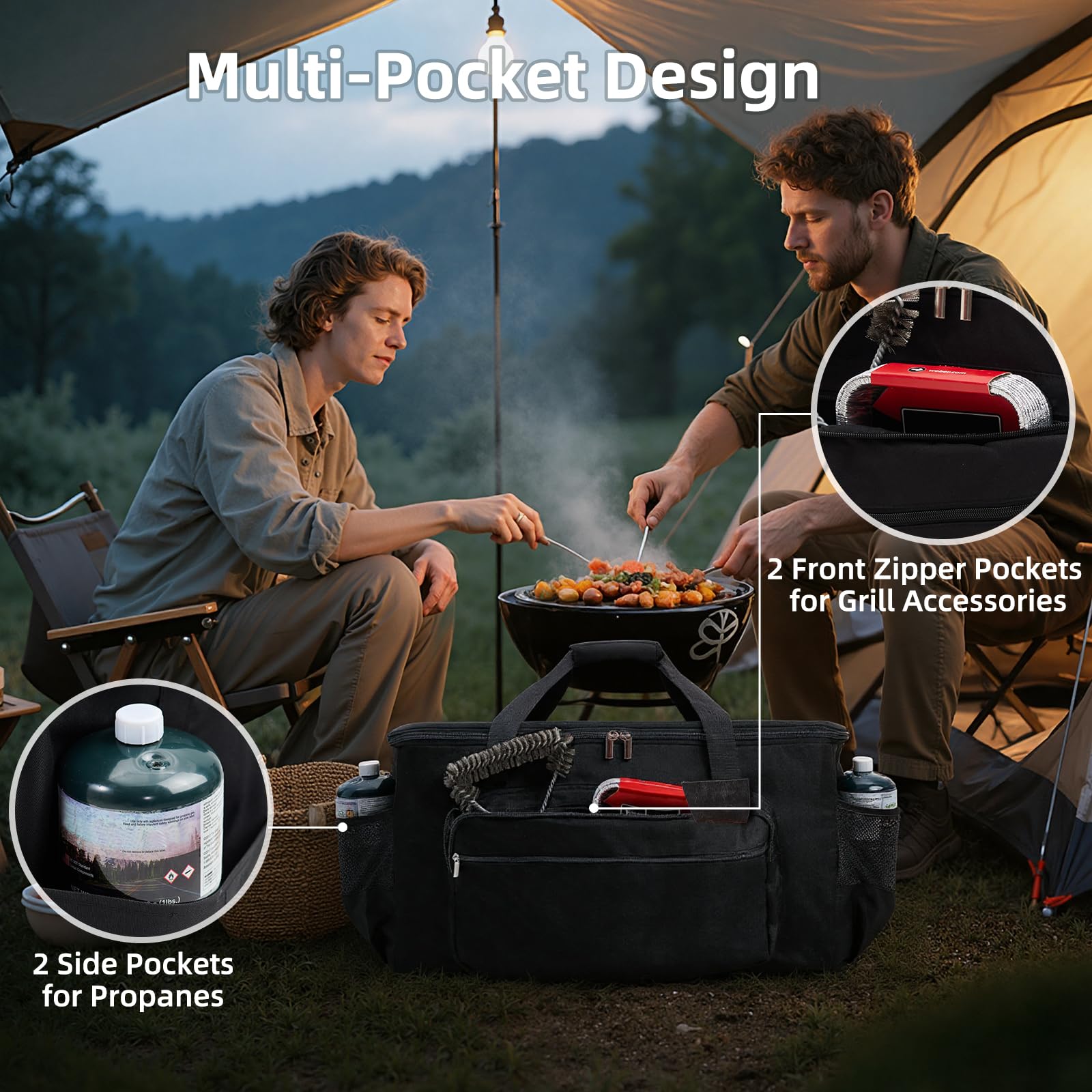 NOELIFE zippered front pockets open with tools highlighting tidy storage advantage
