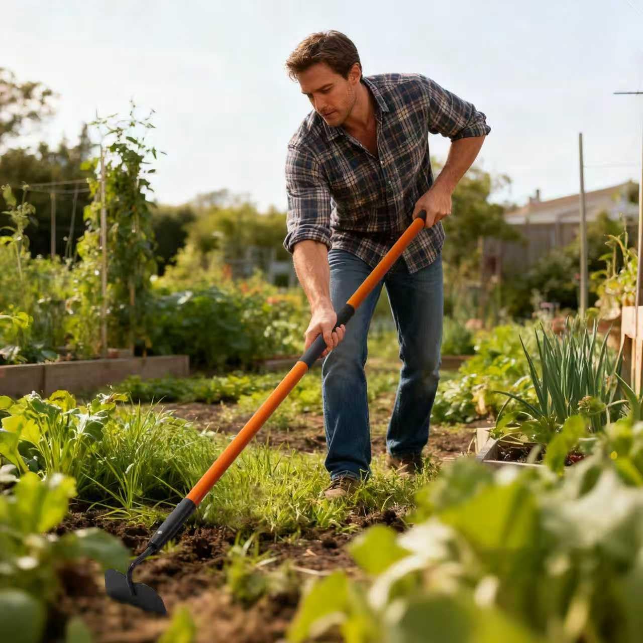 Nohovu hoe in use weeding a vegetable bed for faster root removal benefit