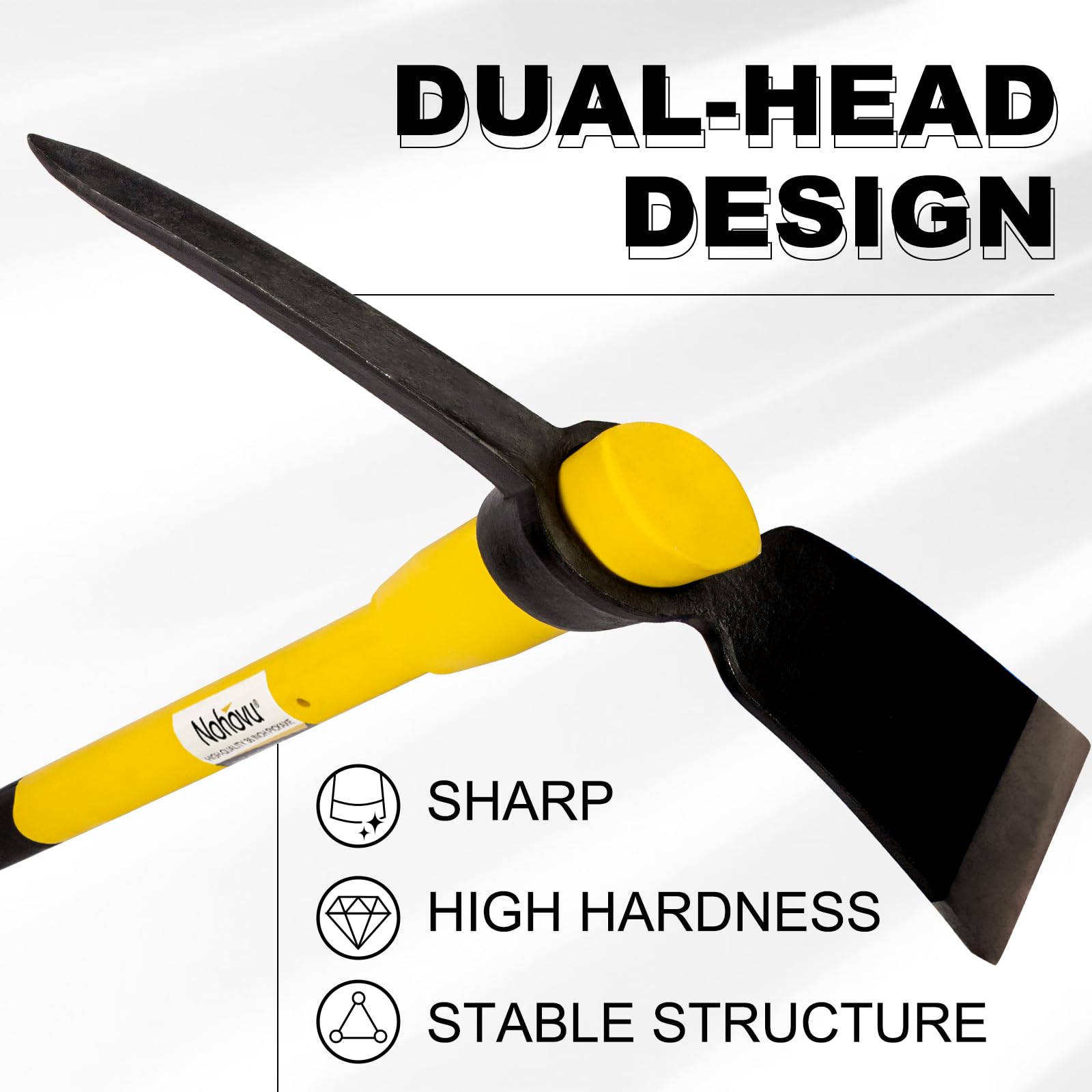 Nohovu pickaxe high-carbon forged head closeup delivering durability