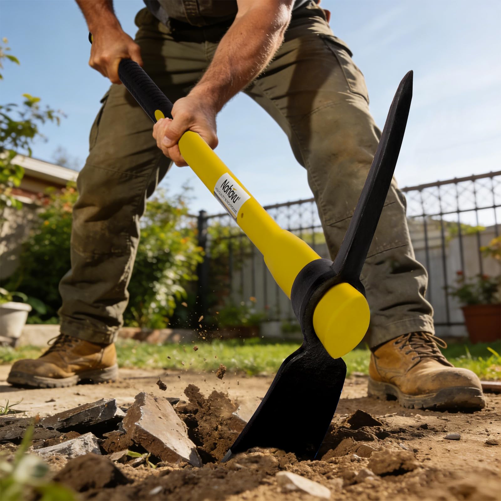Nohovu pickaxe beside measuring tape showing 36-inch reach for leverage