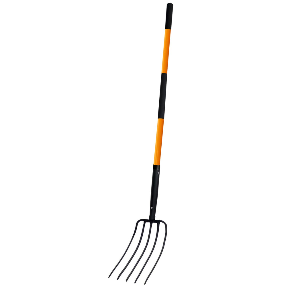 Nohovu pitchfork front view showing five-tine head and full length, durable design benefit