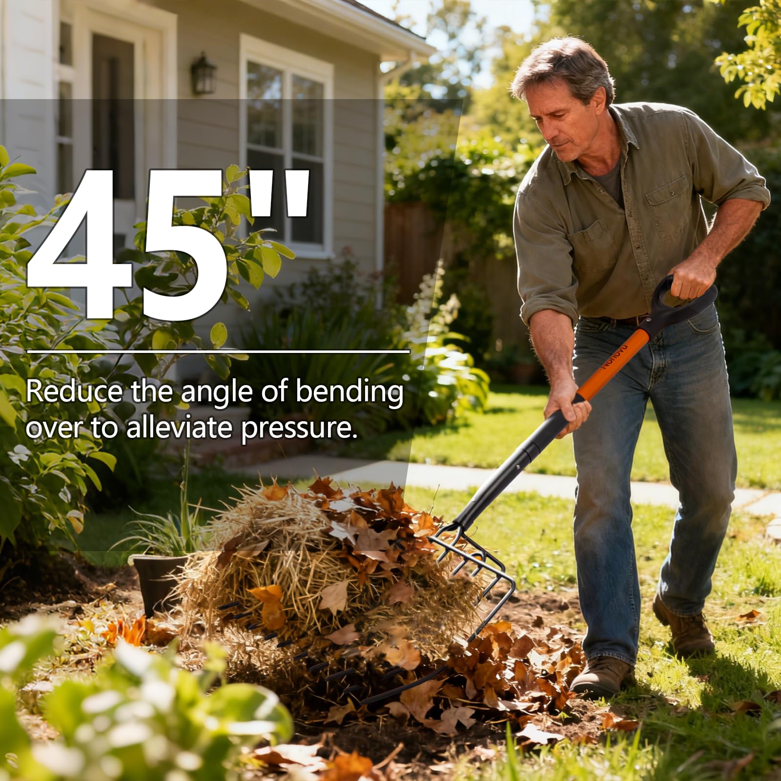 Nohovu full-length fork in garden showing 45-inch reach reducing bending